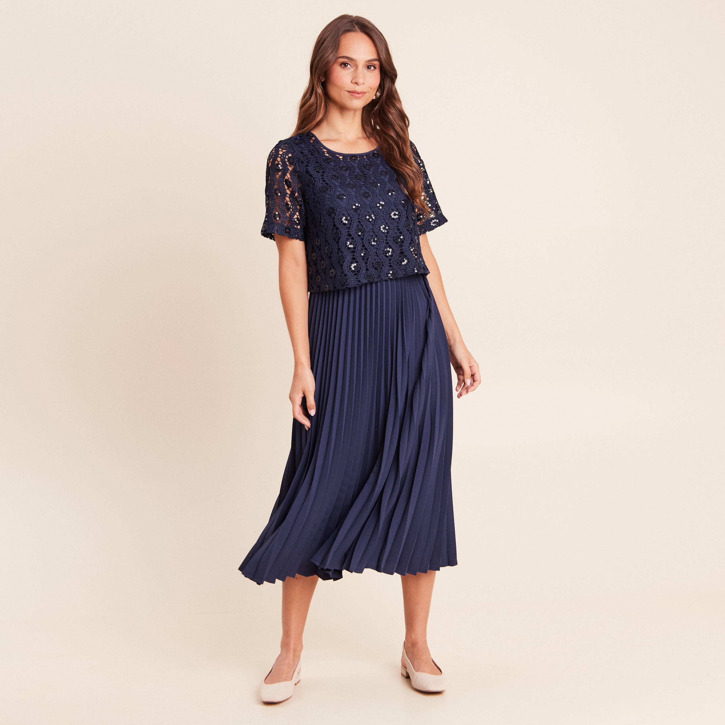 Robe 2 en 1 pliss&eacute;e col rond bleu marine femme
