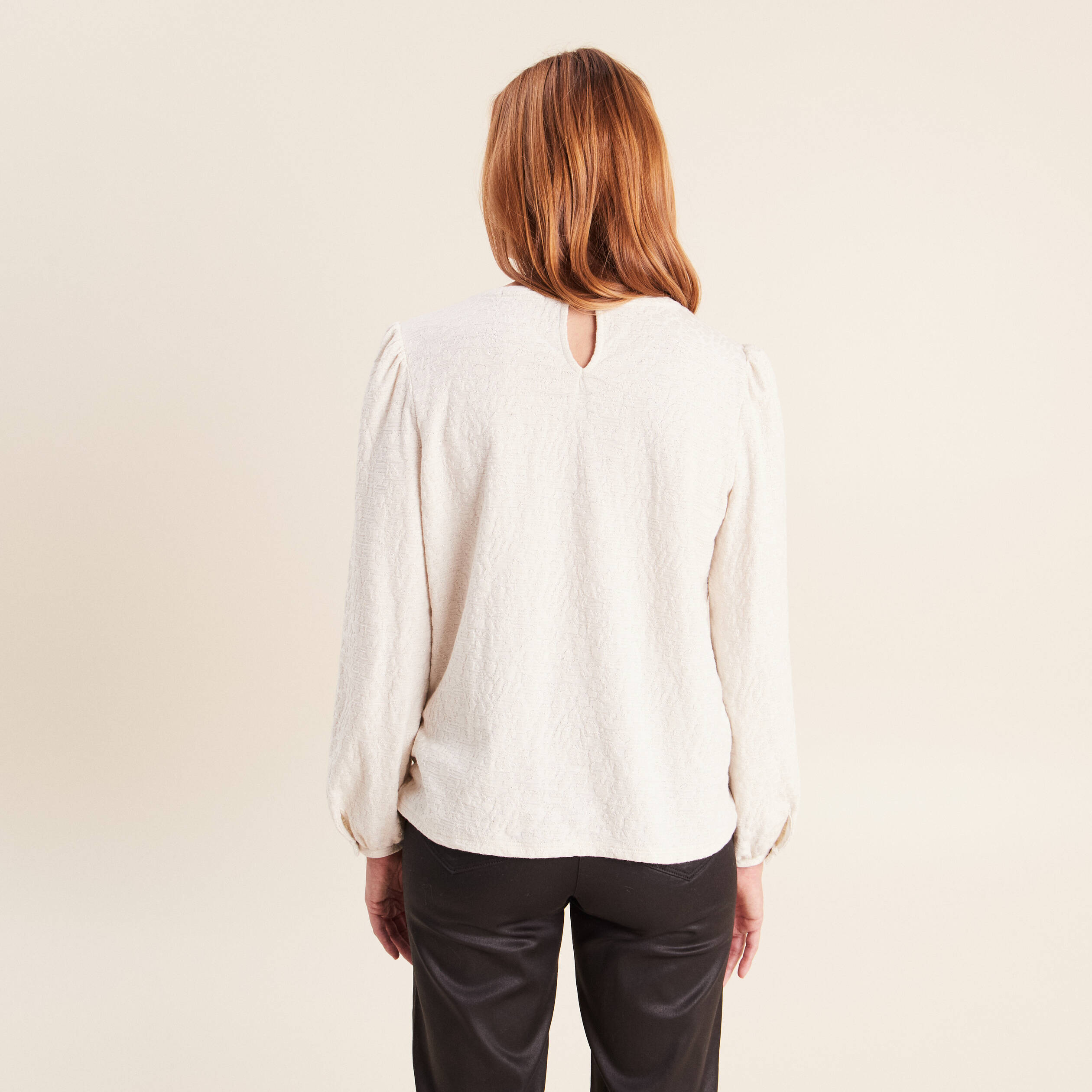Blouse col rond manches longues ivoire femme