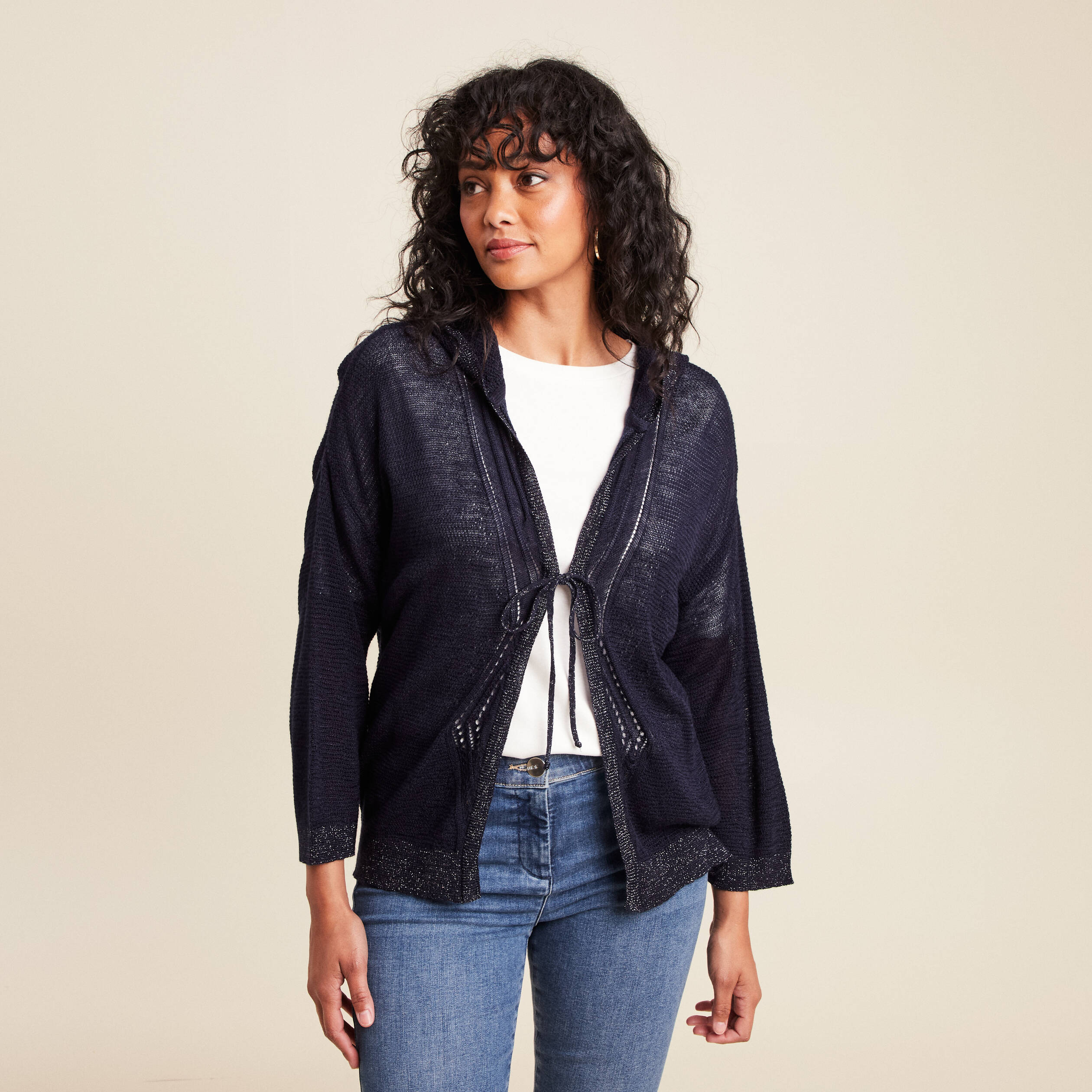gilet droit mi long a capuche bleu marine femme Gilet droit mi-long à capuche bleu marine femme