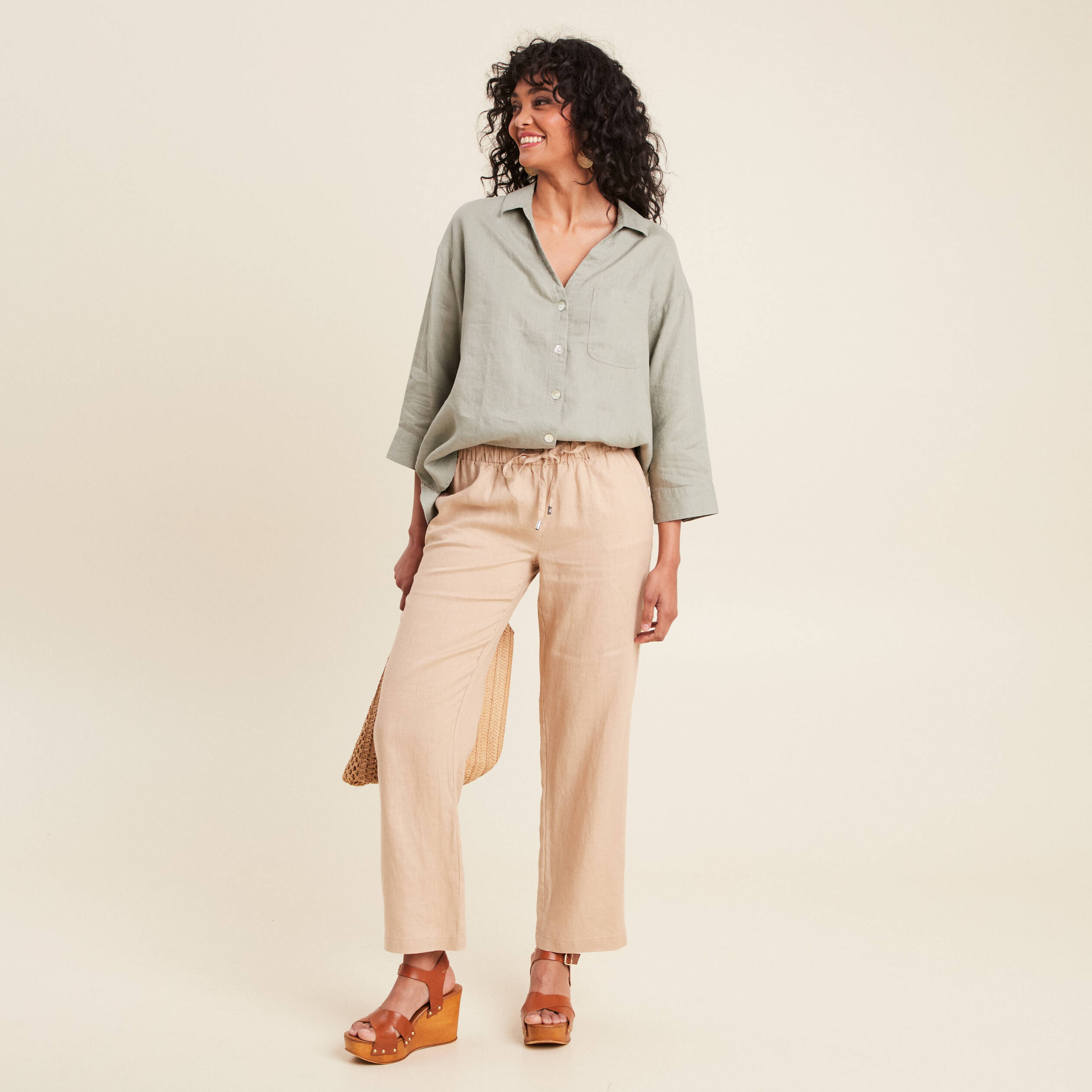 pantalon flou 78eme en lin sable femme Pantalon flou 7/8ème en lin sable femme