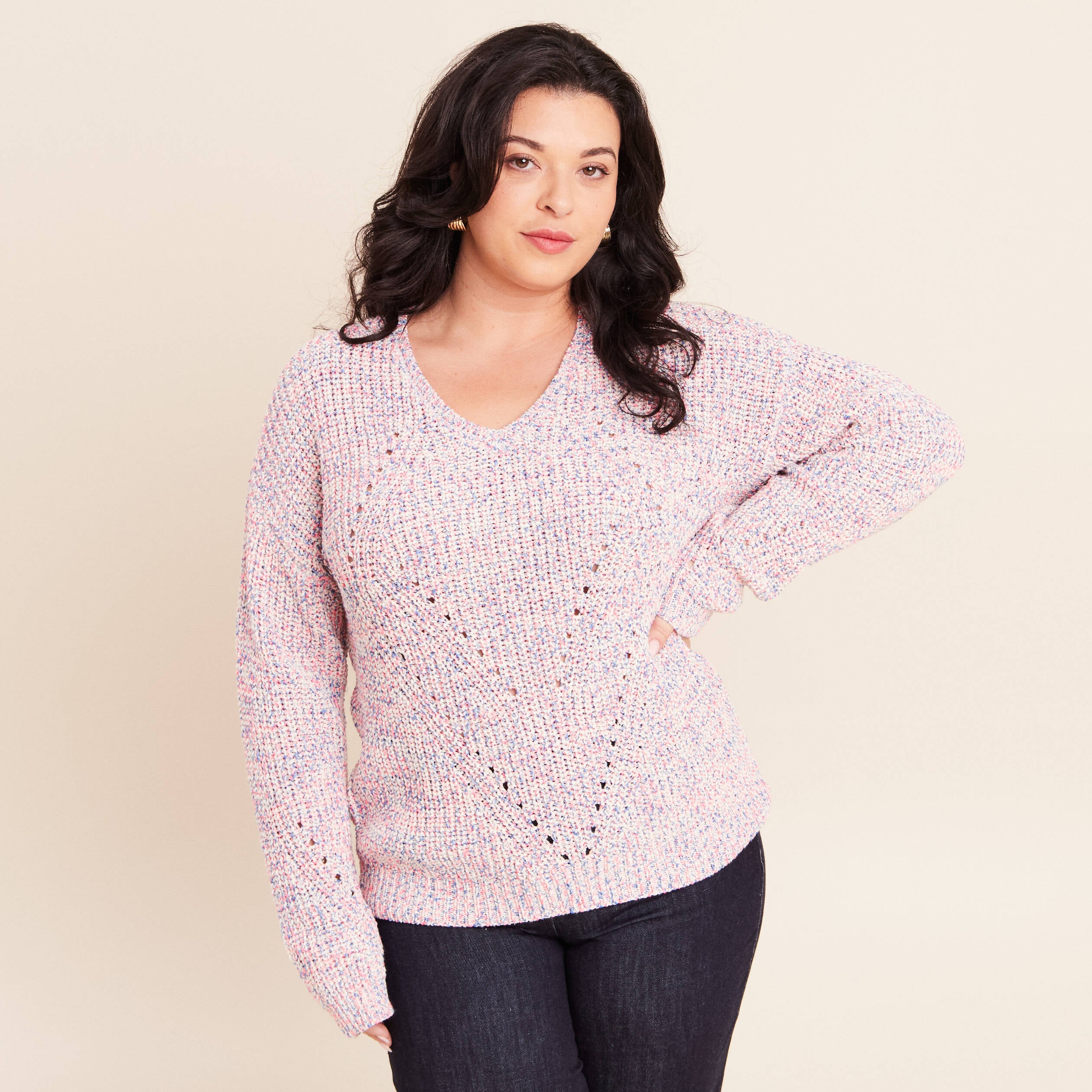 Pull droit long col v manches longues rose fushia femme