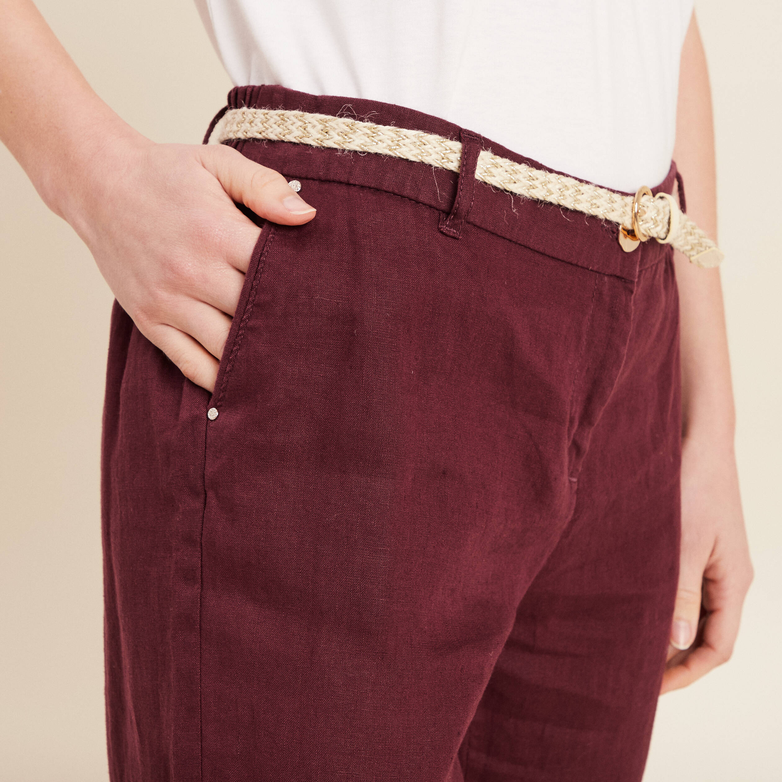 pantalon flou ceinture prune femme Pantalon flou ceinturé prune femme