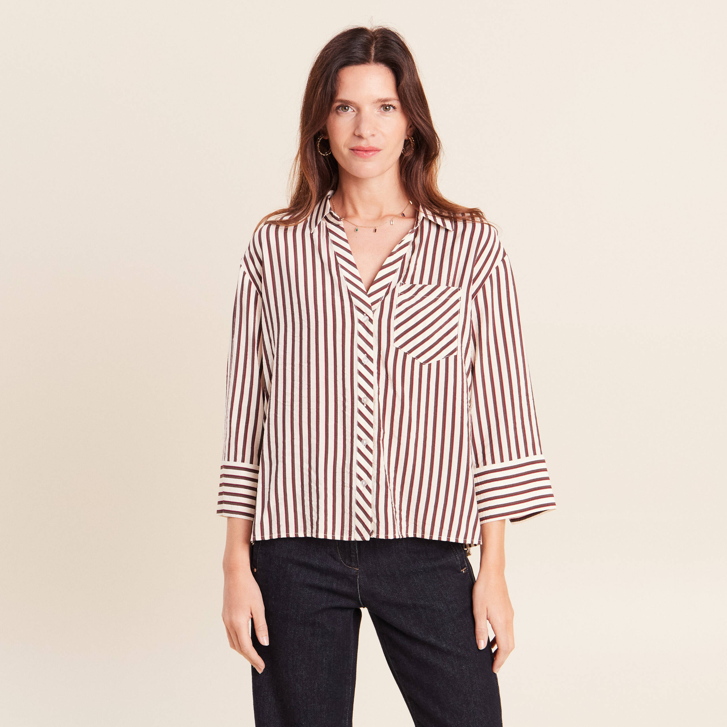 Chemise ample manches 3/4 marron femme