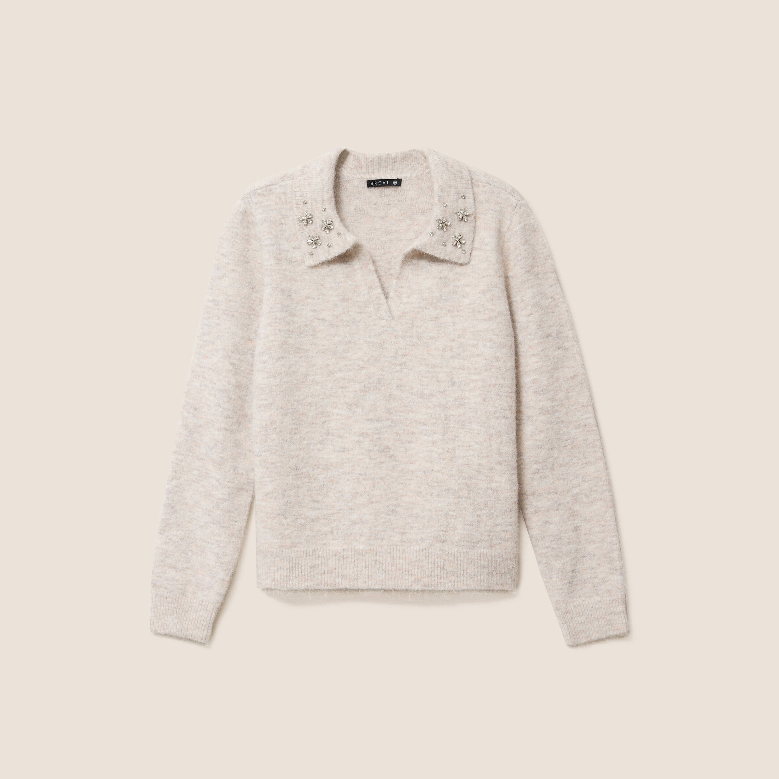 Pull col polo et d&eacute;tails bijout&eacute;s beige femme