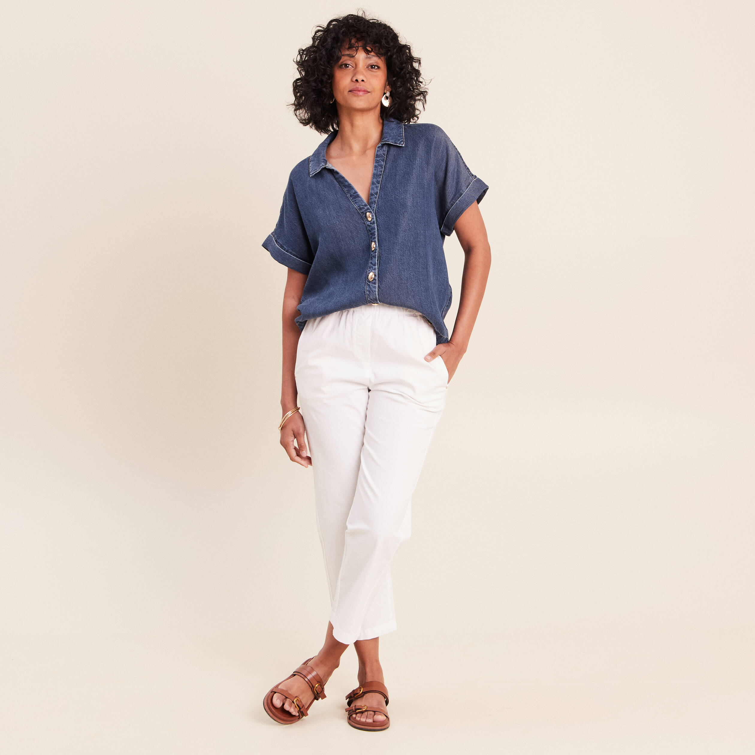 Chemise col chemise manches courtes denim double stone femme
