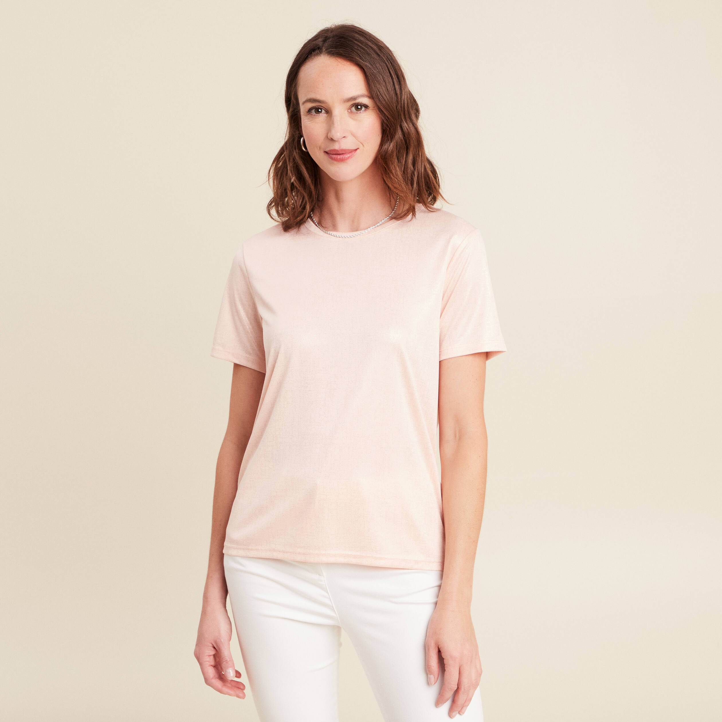 t-shirt droit court satiné col rond vieux rose femme