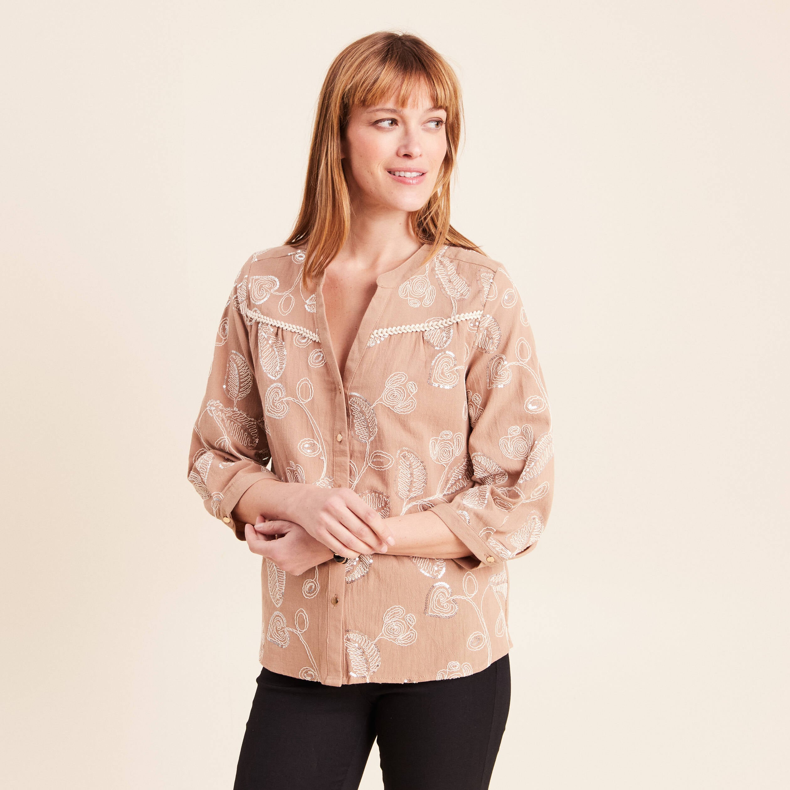 Blouse col tunisien manches 3/4 beige femme