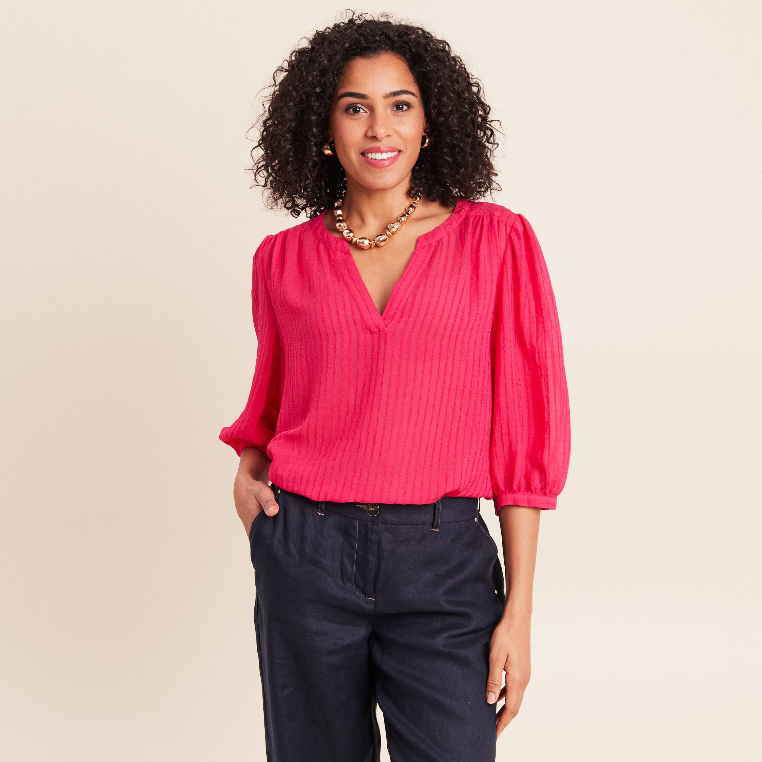 Blouse ample col tunisien manches 3/4 rose fushia femme