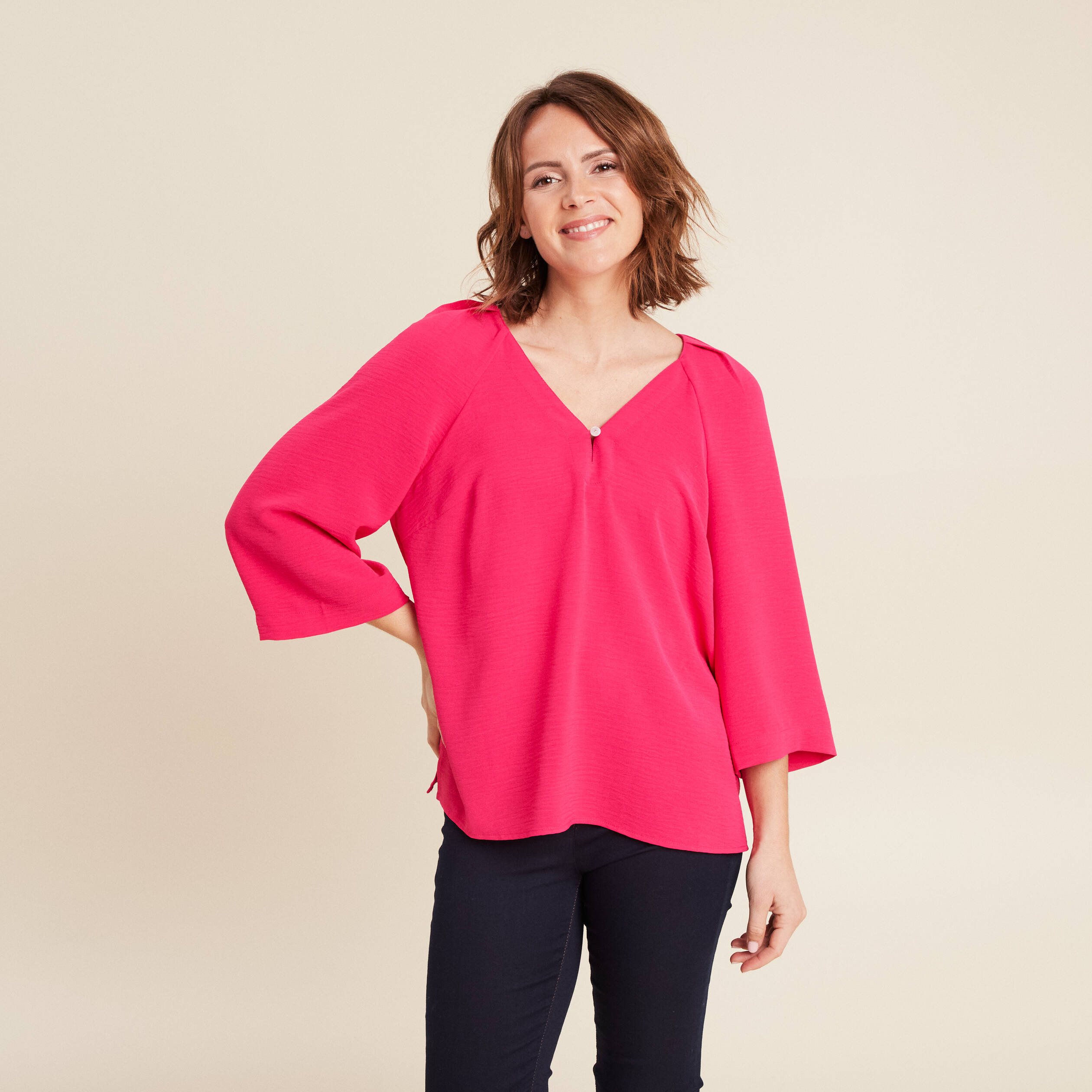 blouse manches 34 rose fushia femme Blouse manches 3/4 rose fushia femme