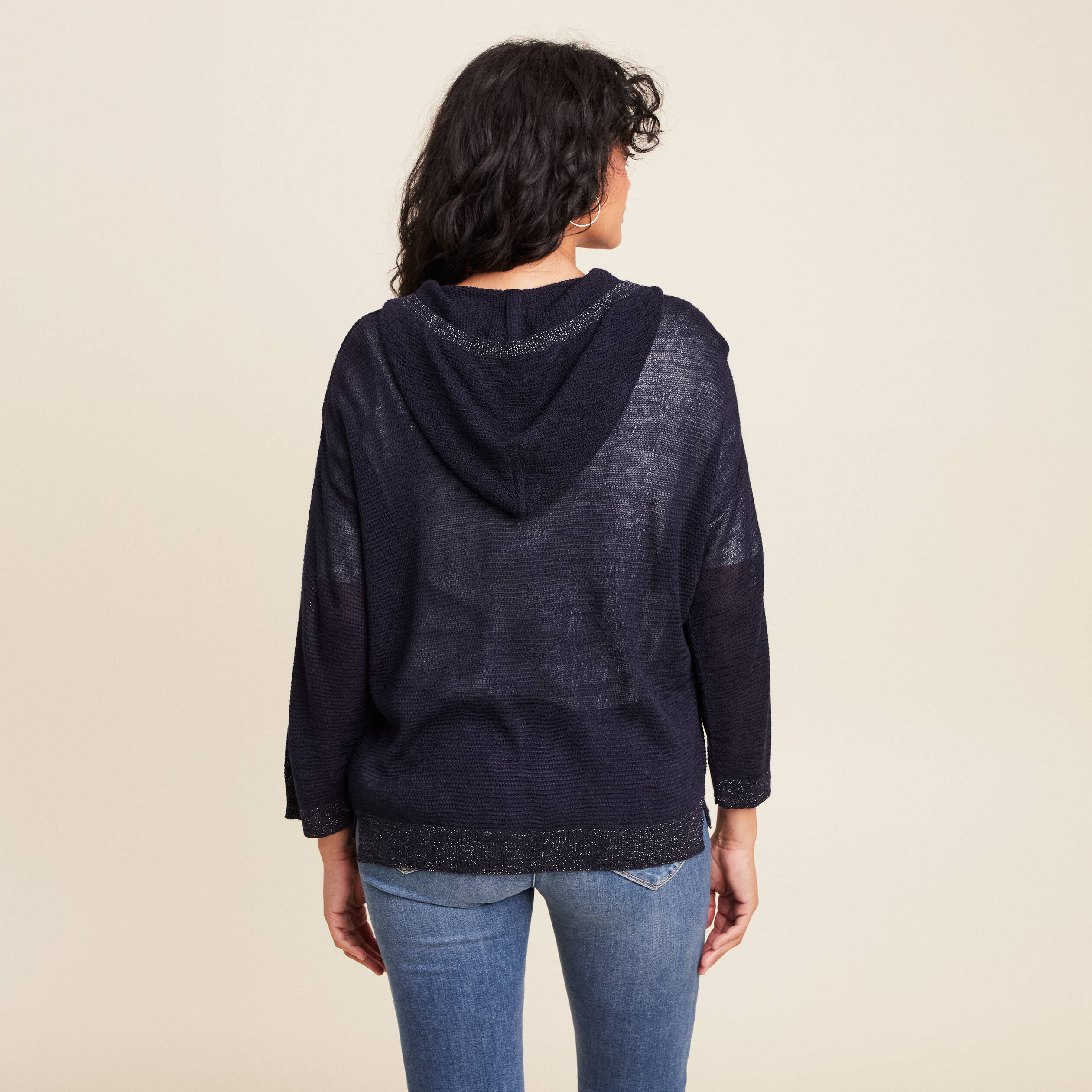 gilet droit mi long a capuche bleu marine femme Gilet droit mi-long à capuche bleu marine femme