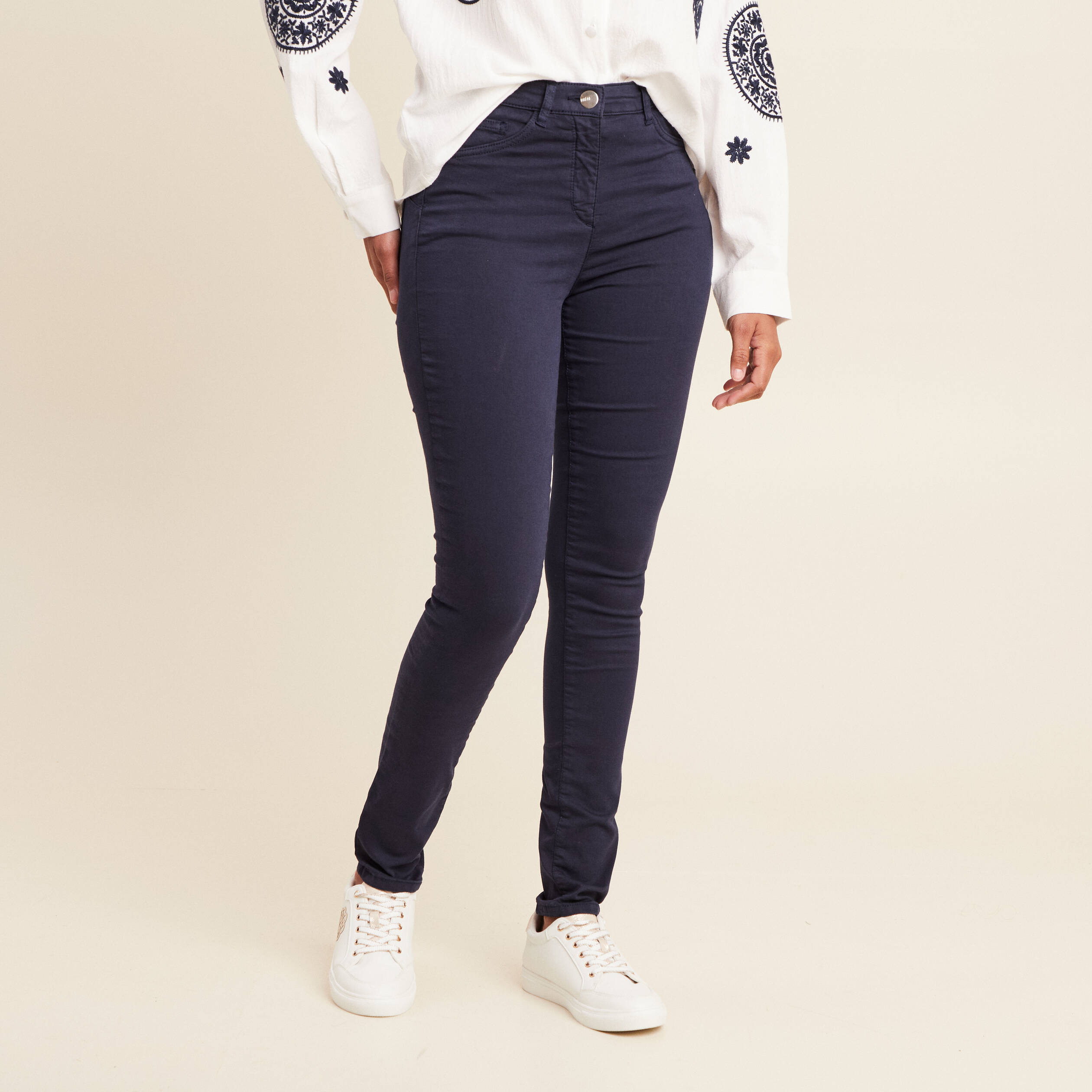 Pantalon léger taille haute long bleu marine femme