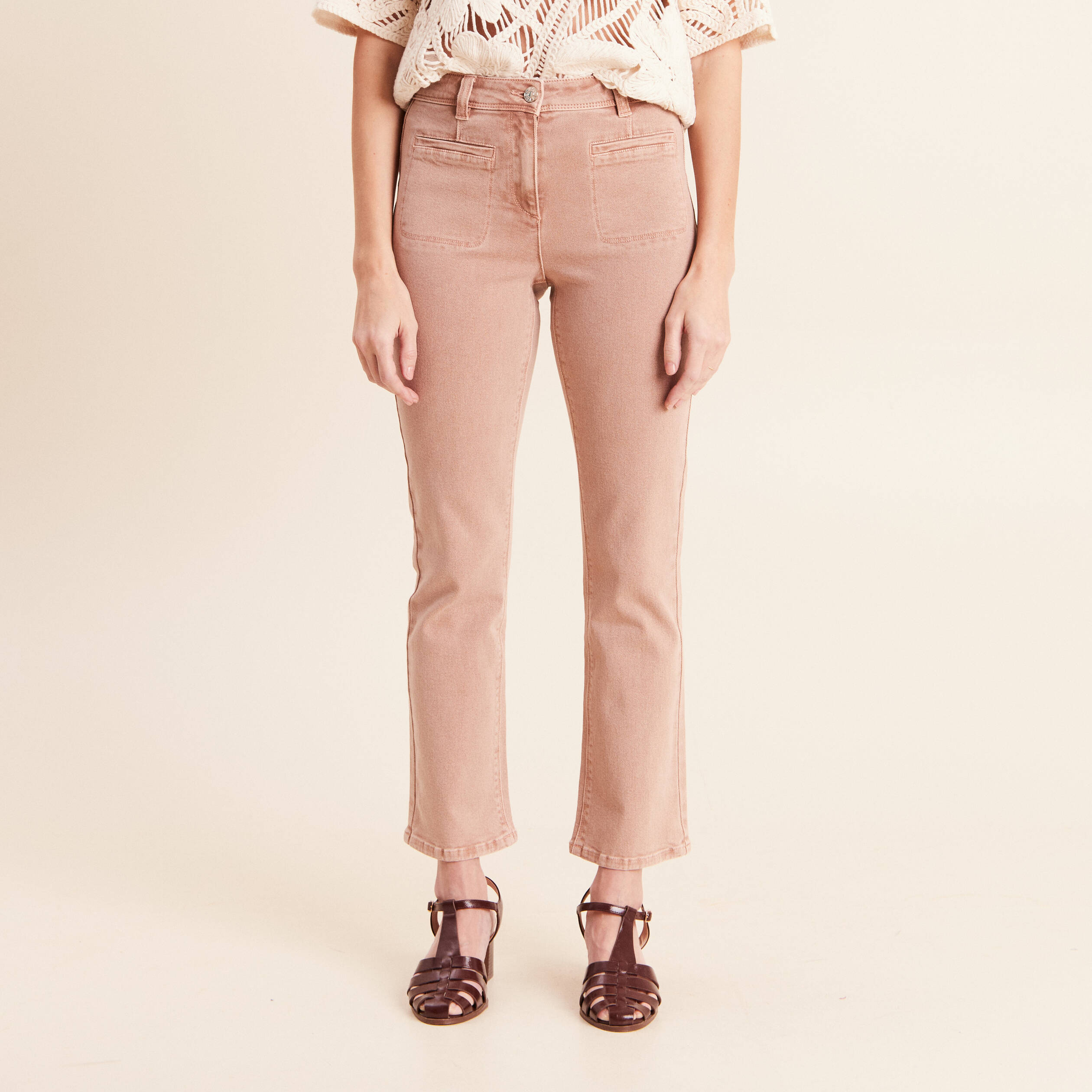 Jean bootcut taille haute marron clair femme