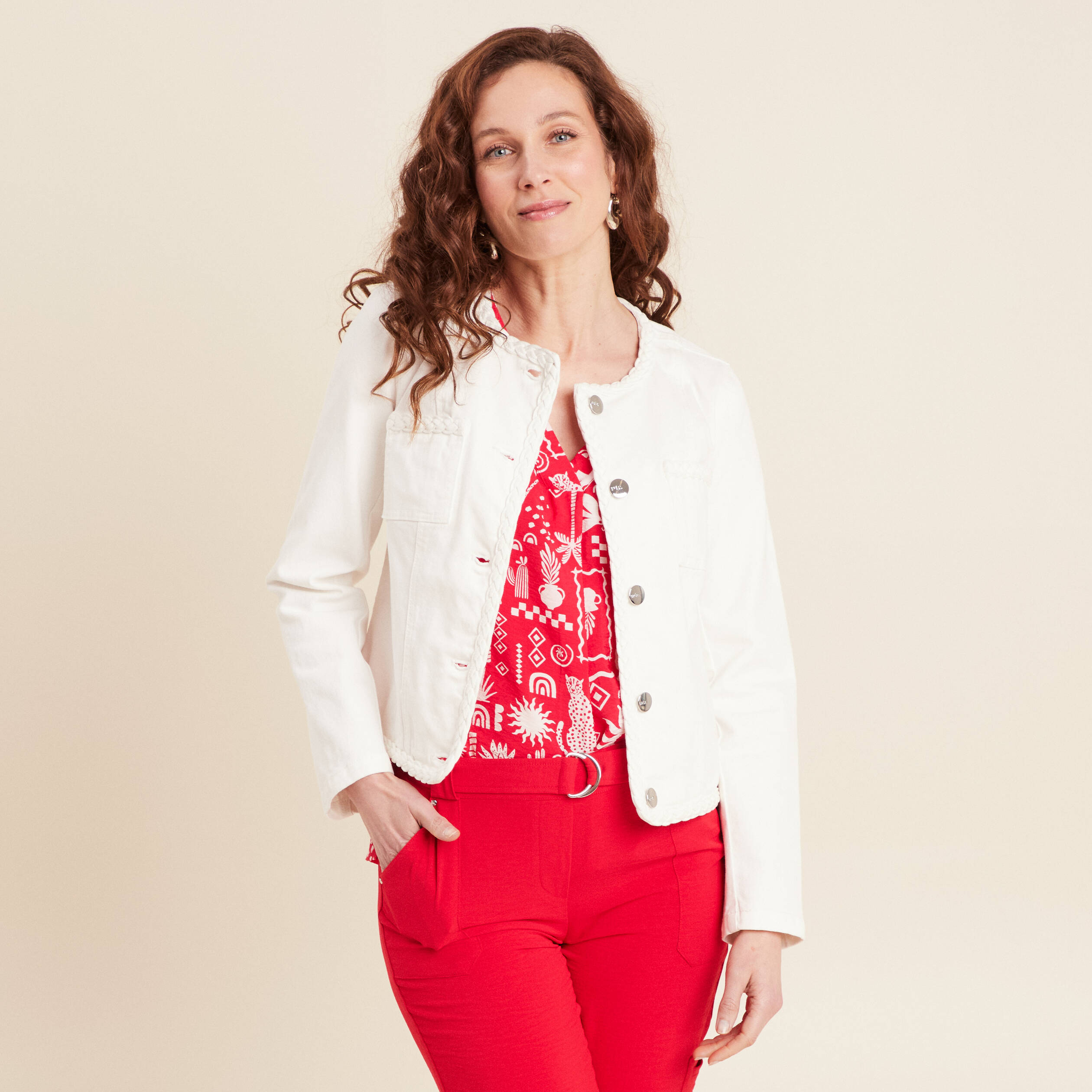 veste en jean details tresses blanc femme Veste en jean détails tressés blanc femme