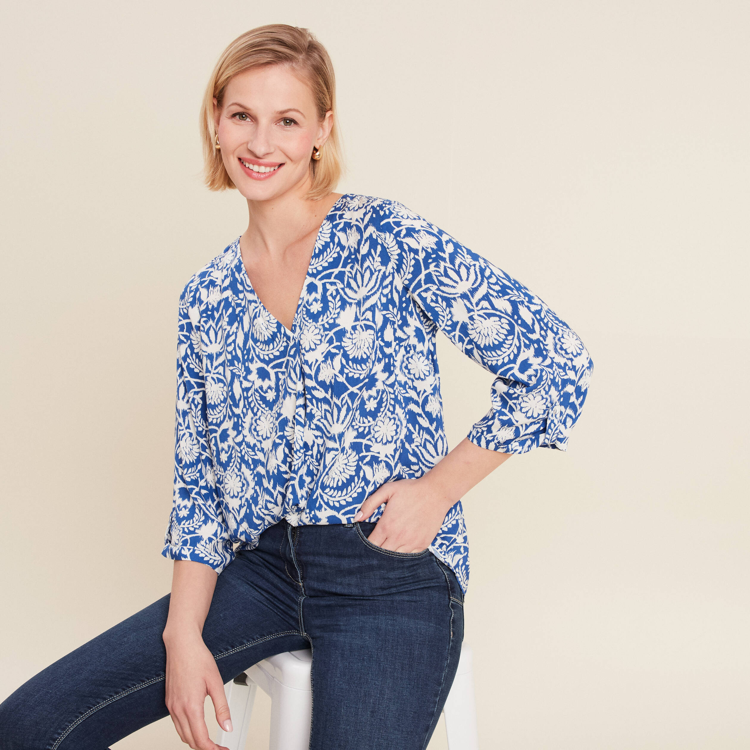 blouse manches 34 bleu femme Blouse manches 3/4 bleu femme