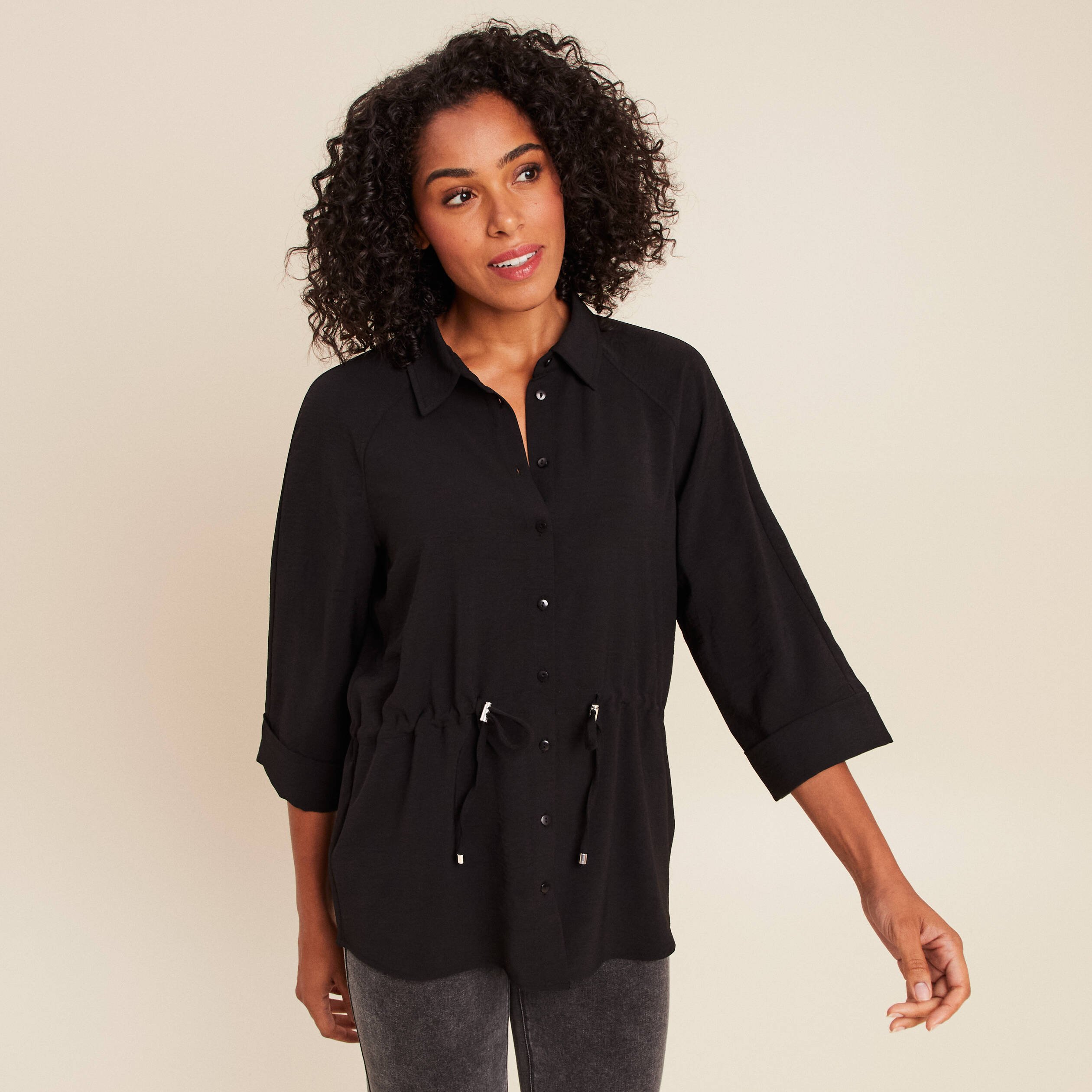 Chemise Tunique Long Femme Tunique Droite Longue Col Chemise Noir