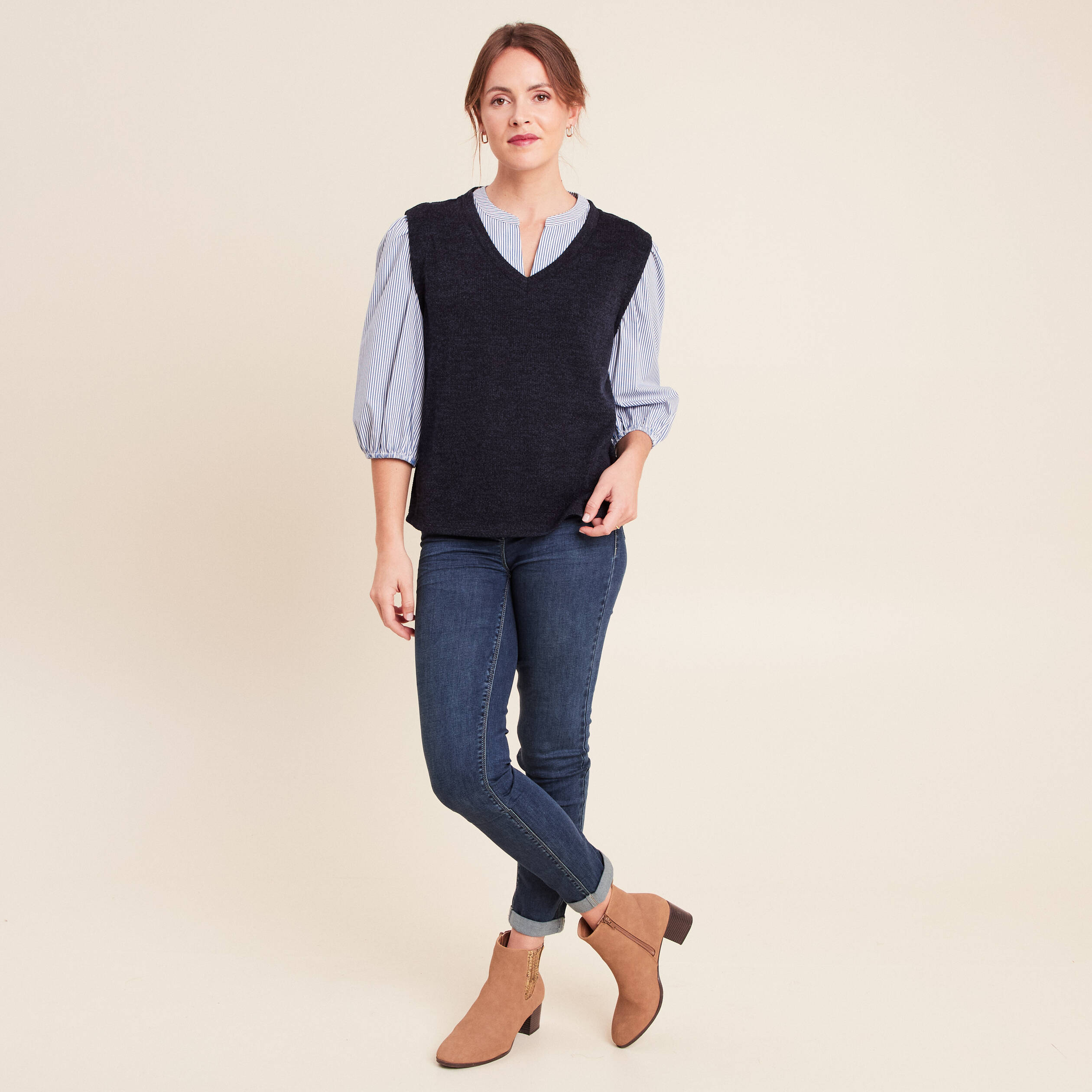 T-shirt 2 en 1 col tunisien manches 3/4 bleu marine femme