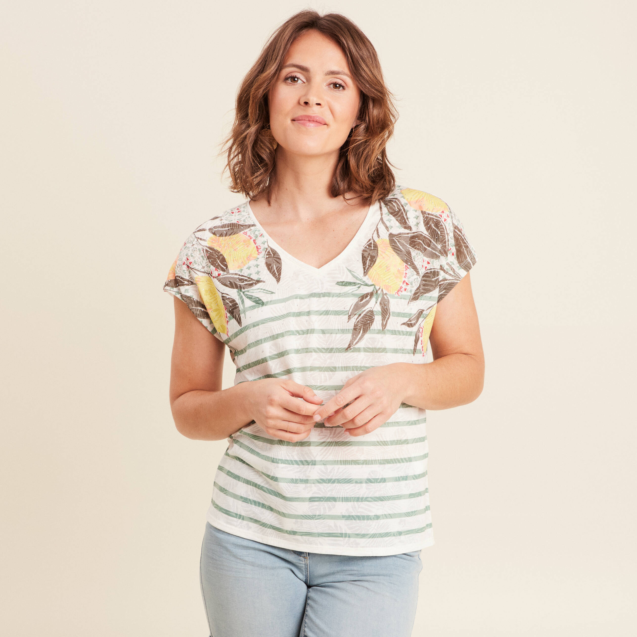 t shirt col v manches courtes jaune citron femme T-shirt col V manches courtes jaune citron femme