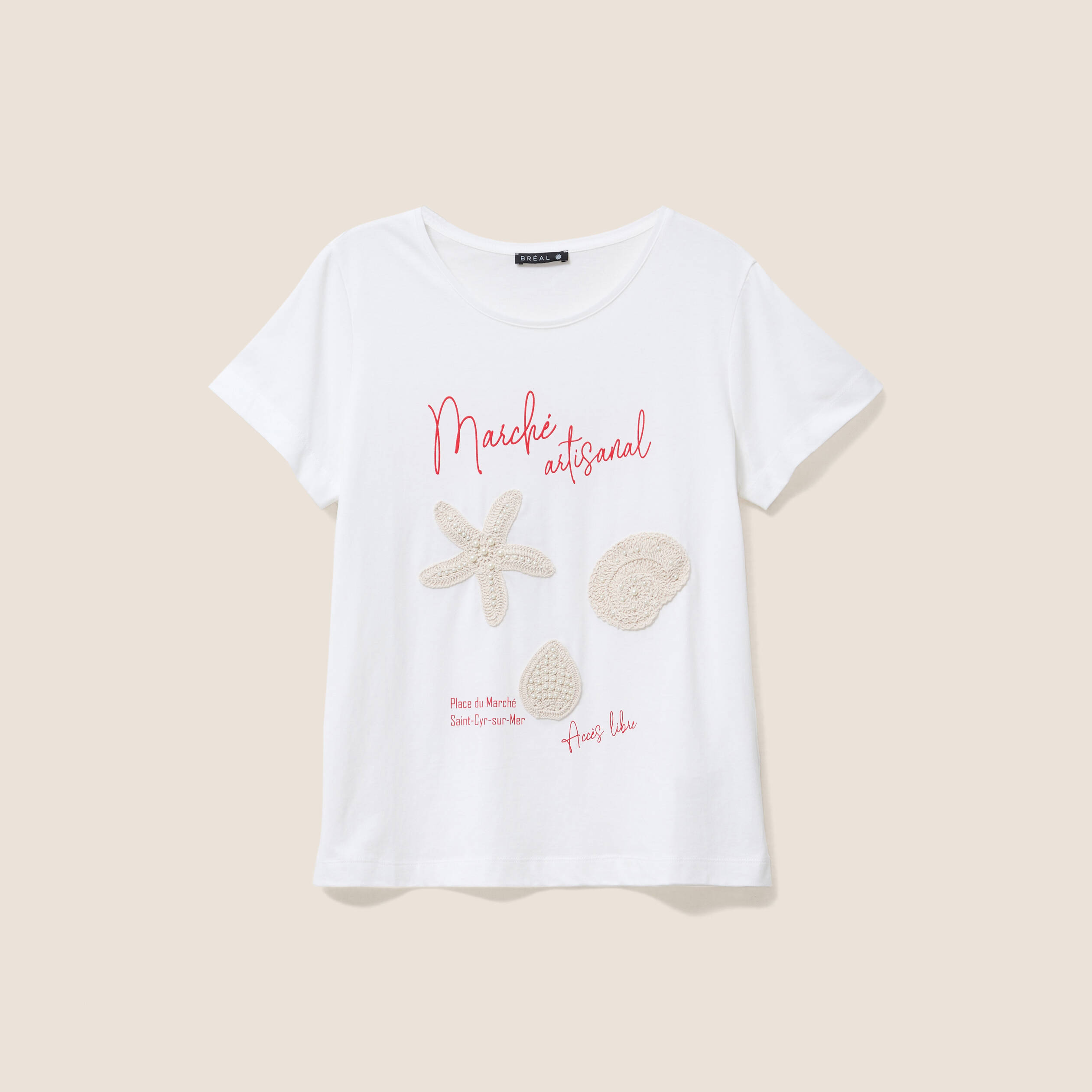 T-shirt col rond manches courtes ecru femme