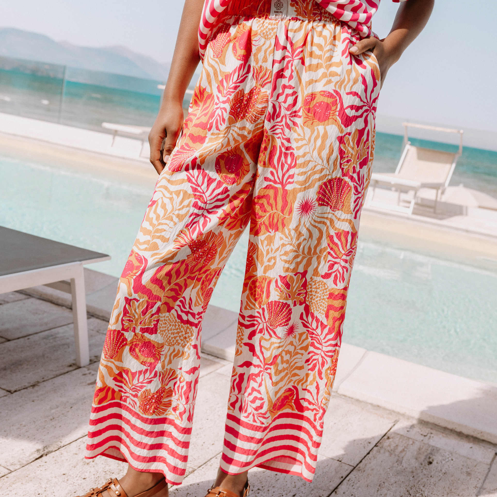 Pantalon fluide et large taille haute rose corail femme