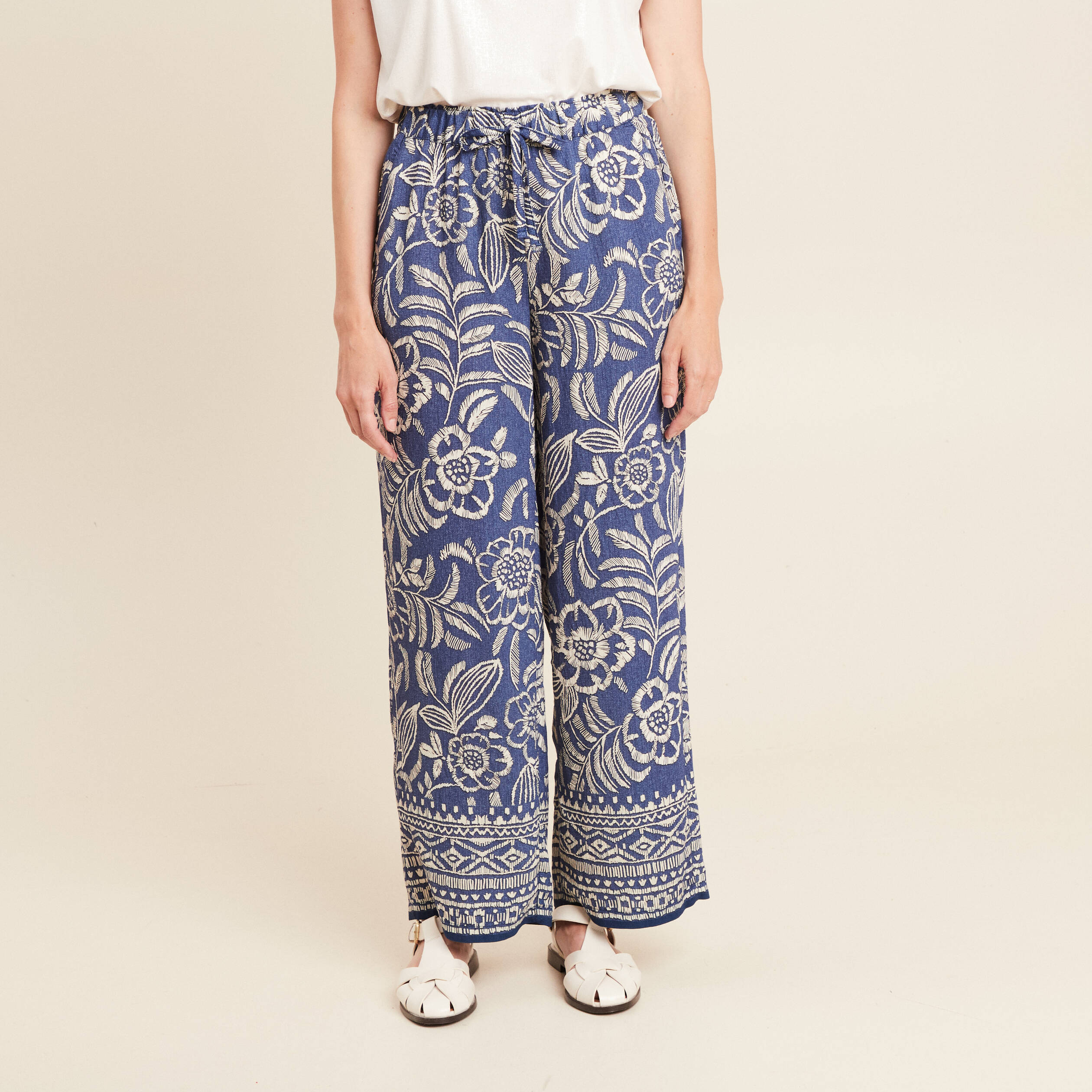 Pantalon large taille haute bleu femme