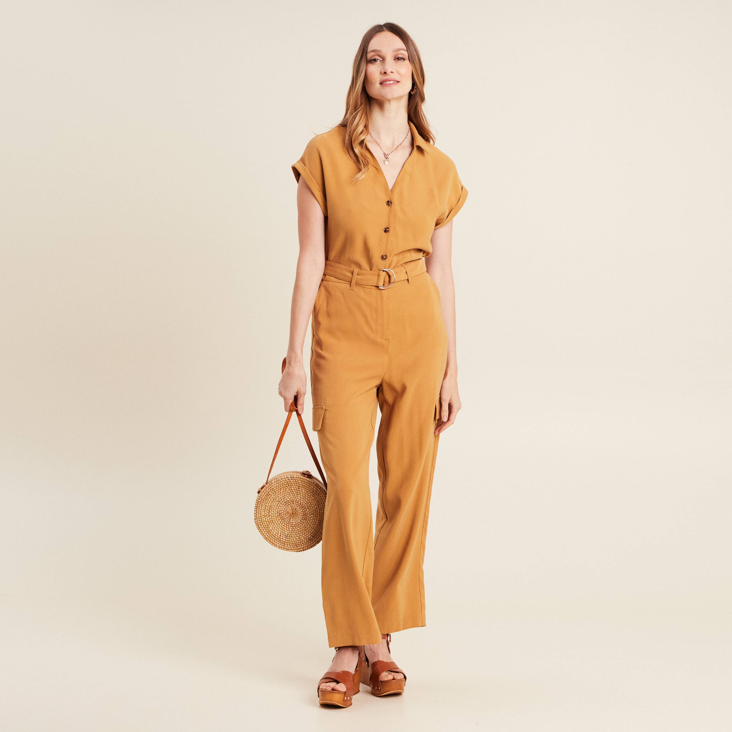 Combinaison pantalon fluide camel femme