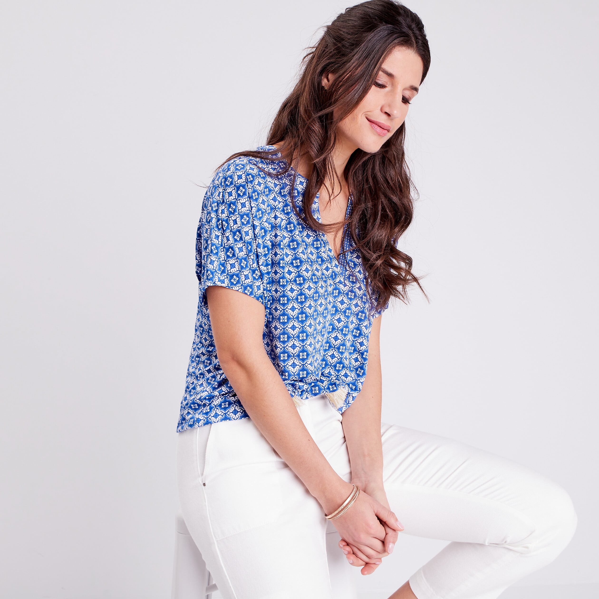T-shirt &agrave; manches courtes bleu fonc&eacute; femme