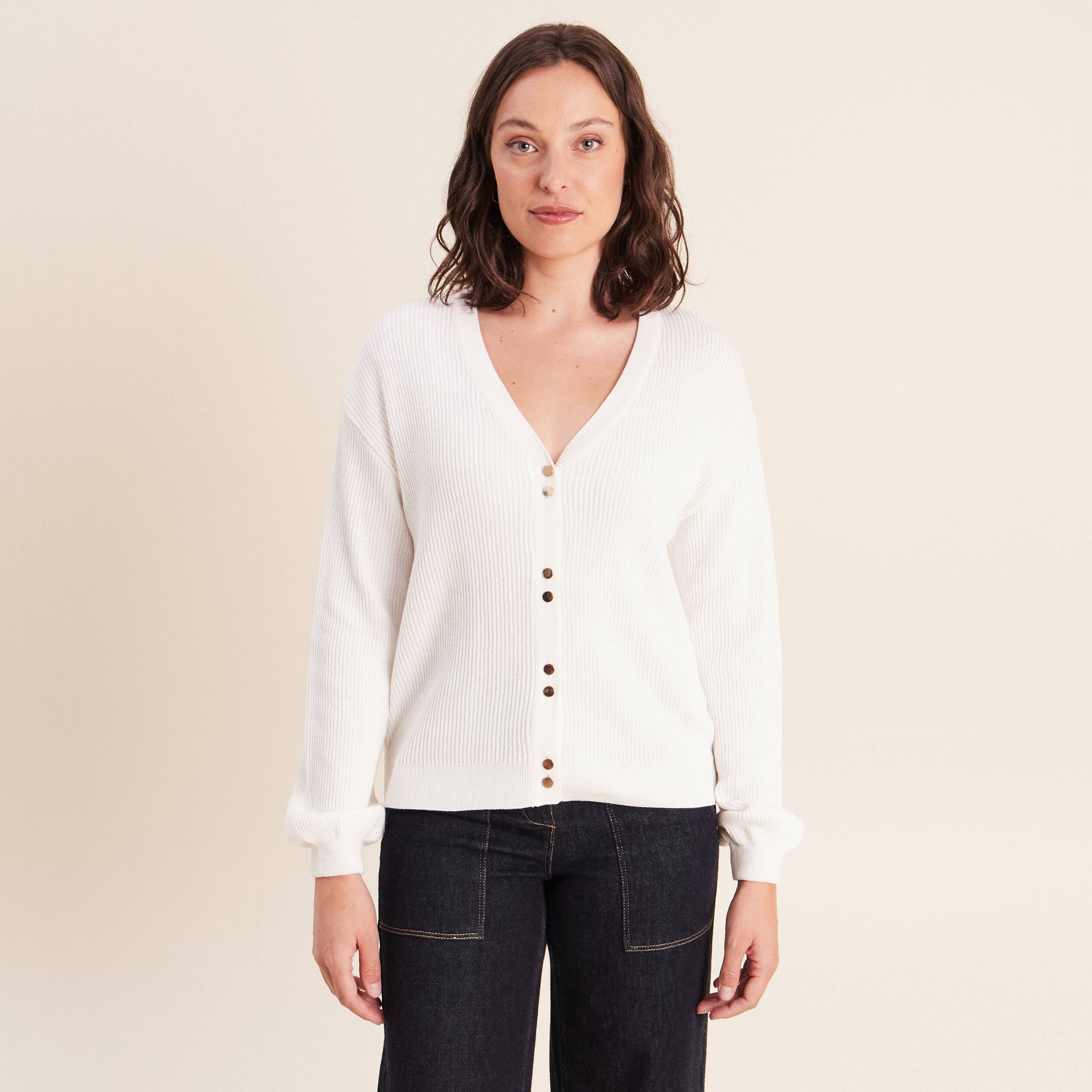 Gilet col v manches longues ecru femme
