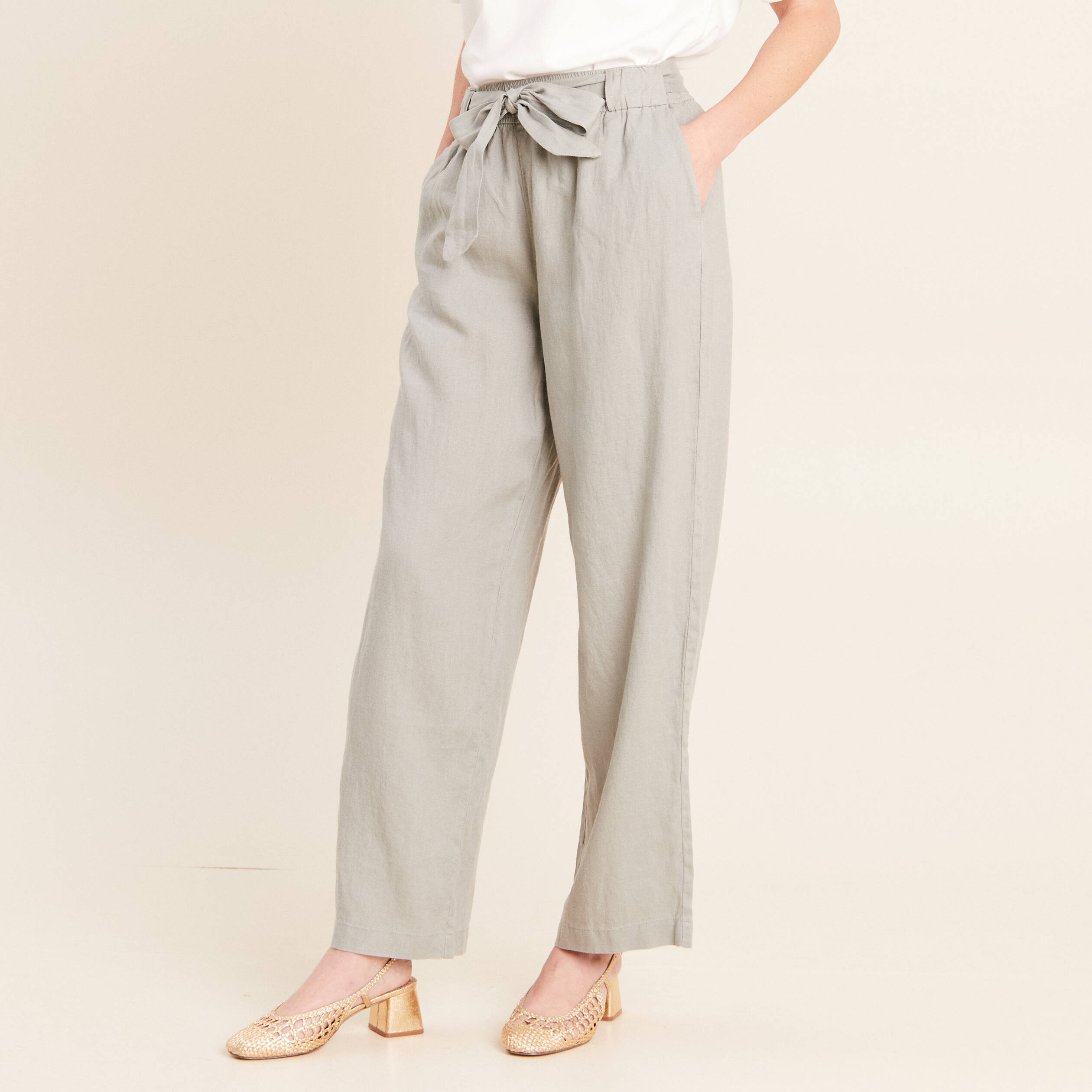 Pantalon large taille haute aspect lin vert clair femme