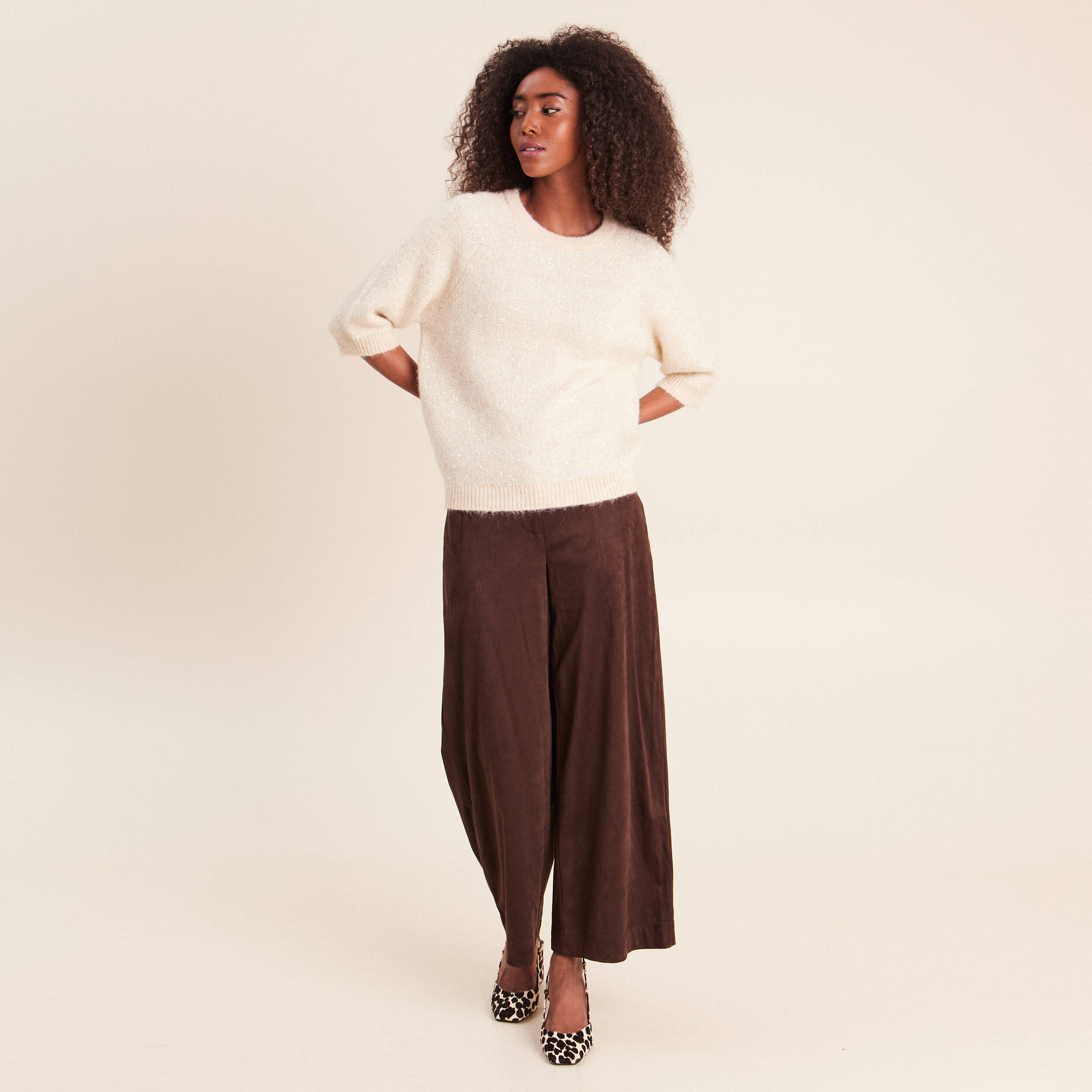 Pull col rond &agrave; sequins beige femme