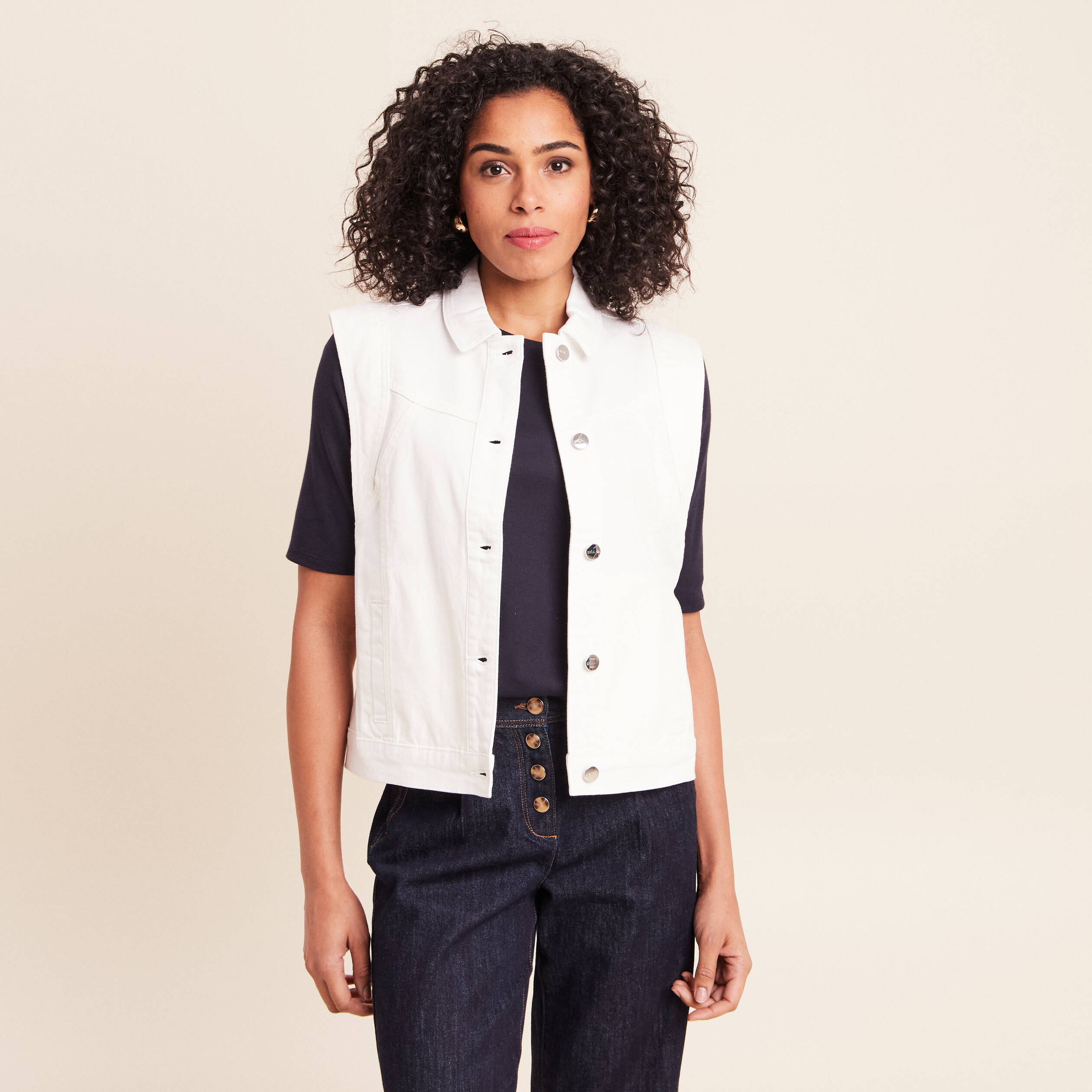 Veste sans manches en jean ecru femme