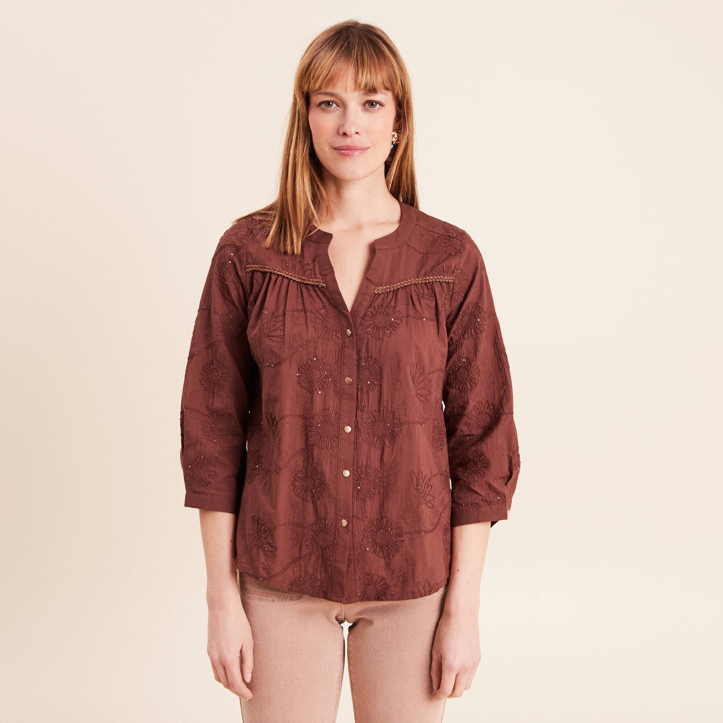 Blouse col tunisien manches 3/4 taupe femme