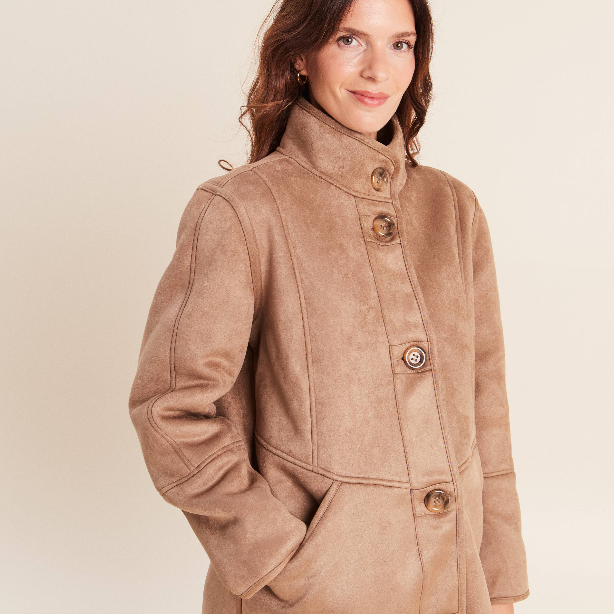 Manteau col montant sable femme