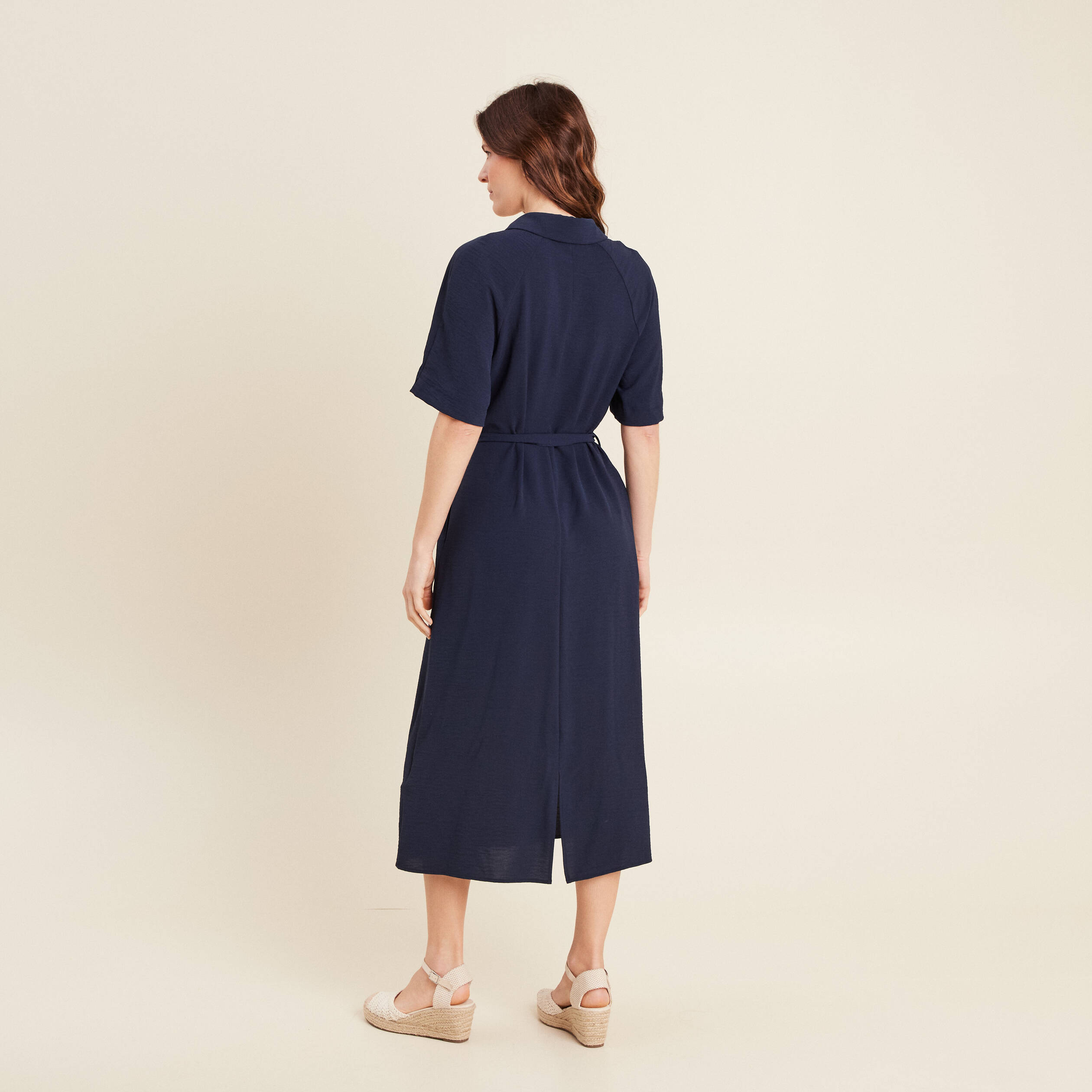Robe évasée col chemise bleu marine femme