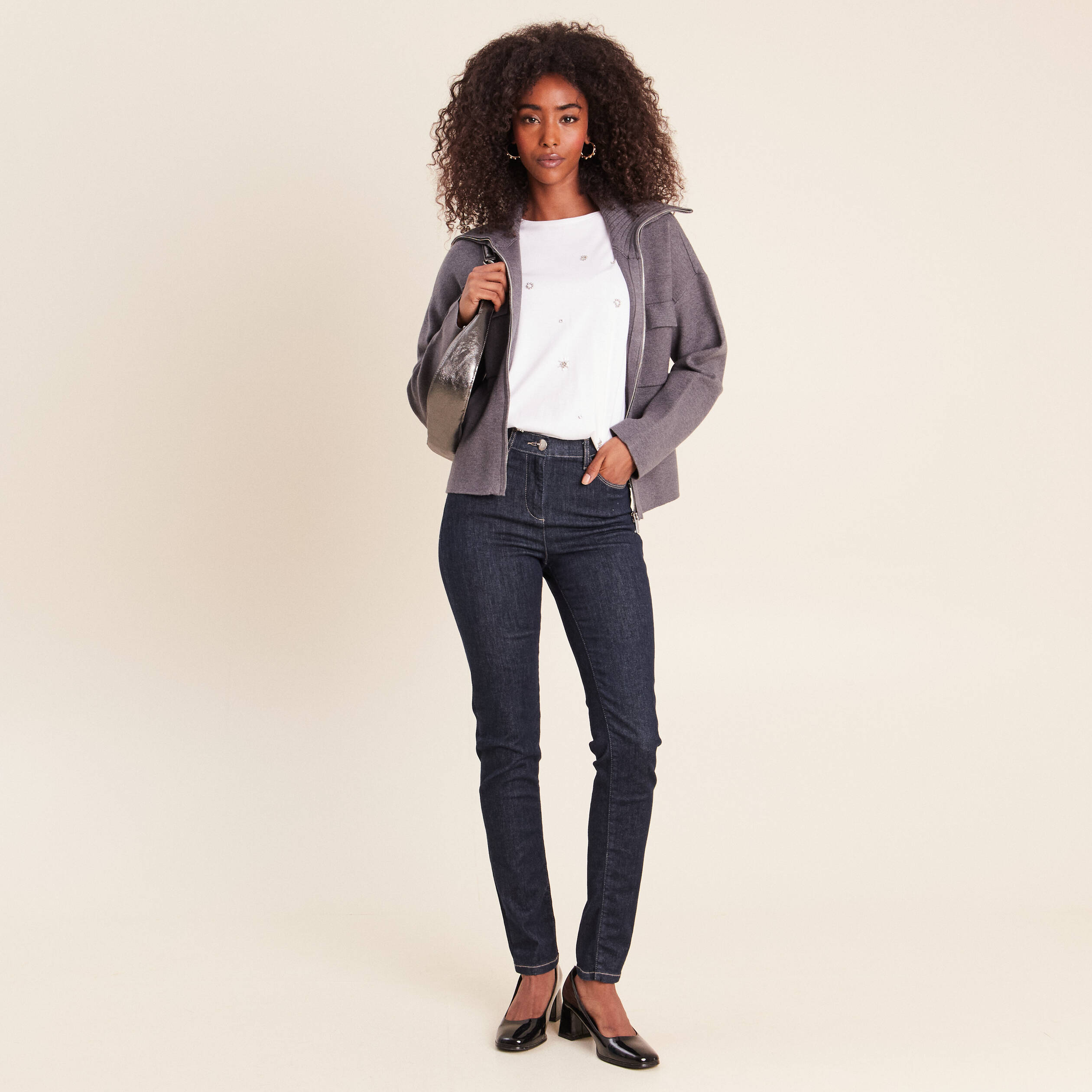Cardigan col camionneur gris fonc&eacute; femme
