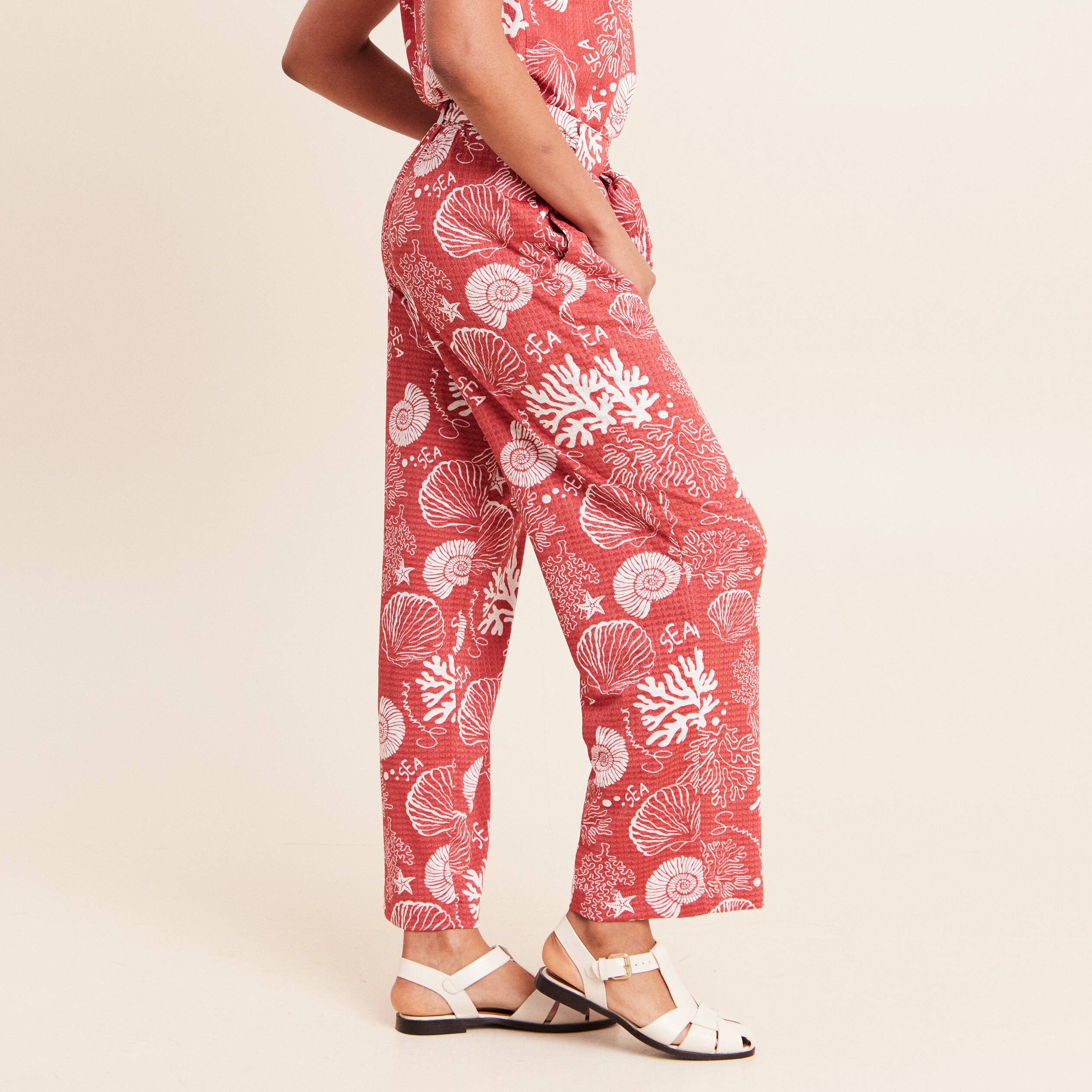 Pantalon coupe large 7/8&egrave;me taille haute orange femme