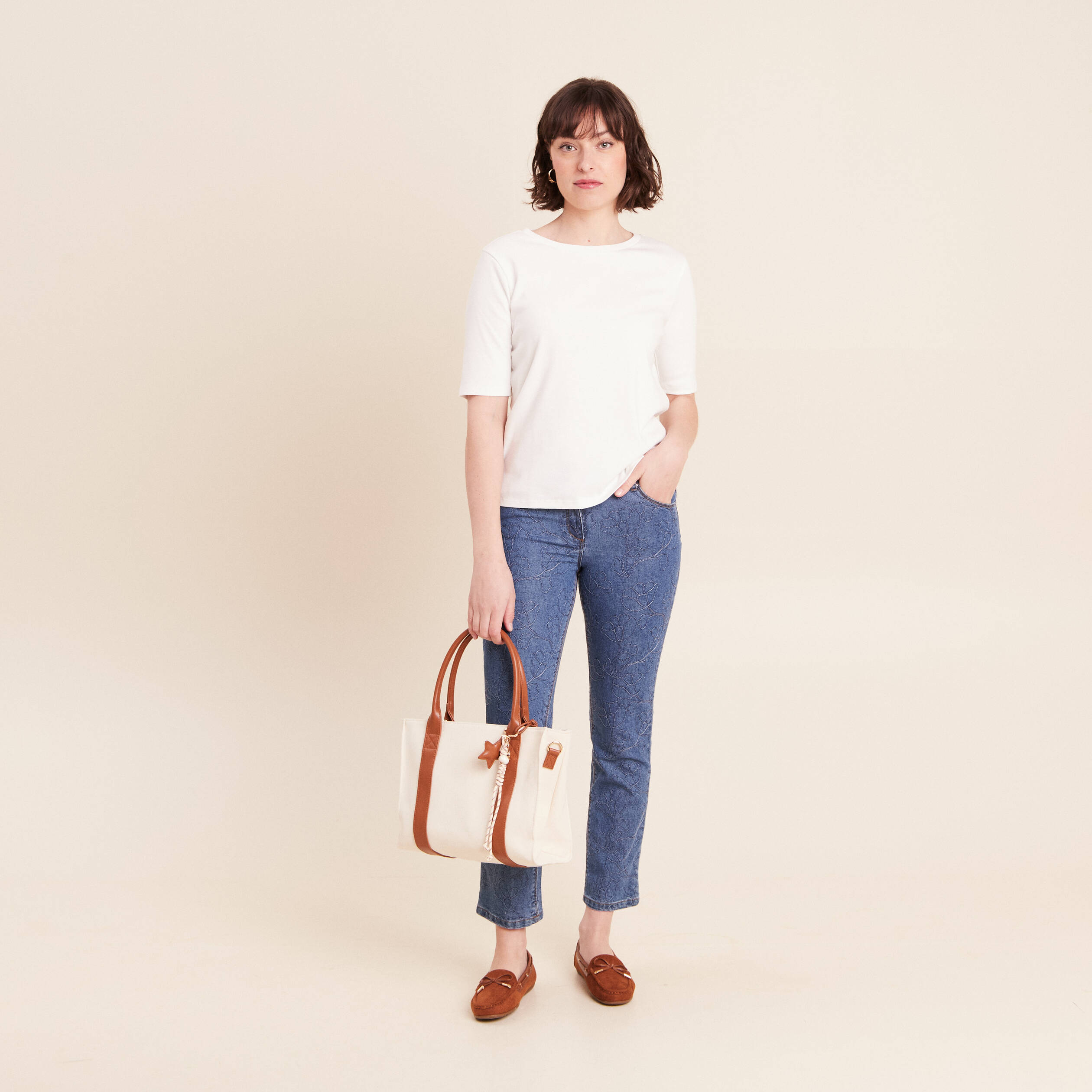 Jean coupe droite 7/8&egrave;me taille bascul&eacute;e bleu femme