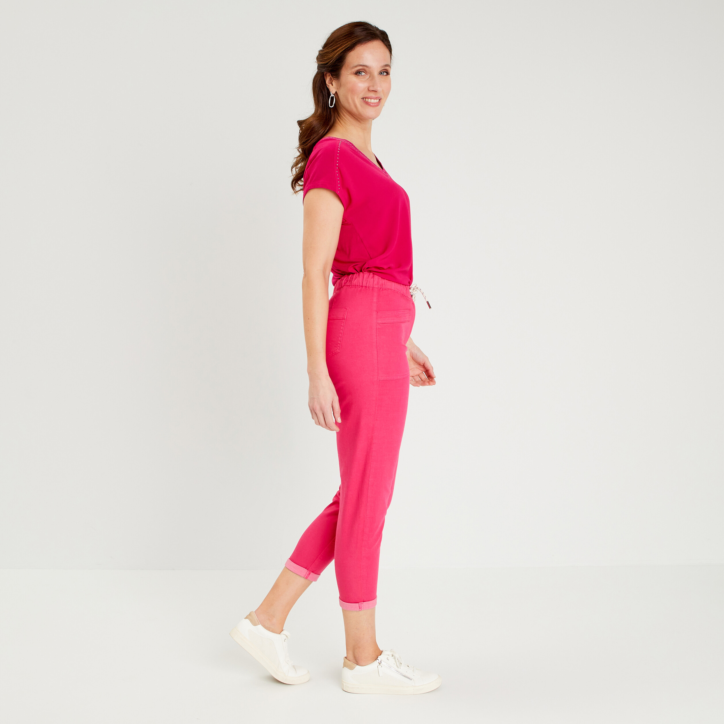 pantalon coupe droite a coulisse rose framboise femme Pantalon coupe droite à coulisse rose framboise femme
