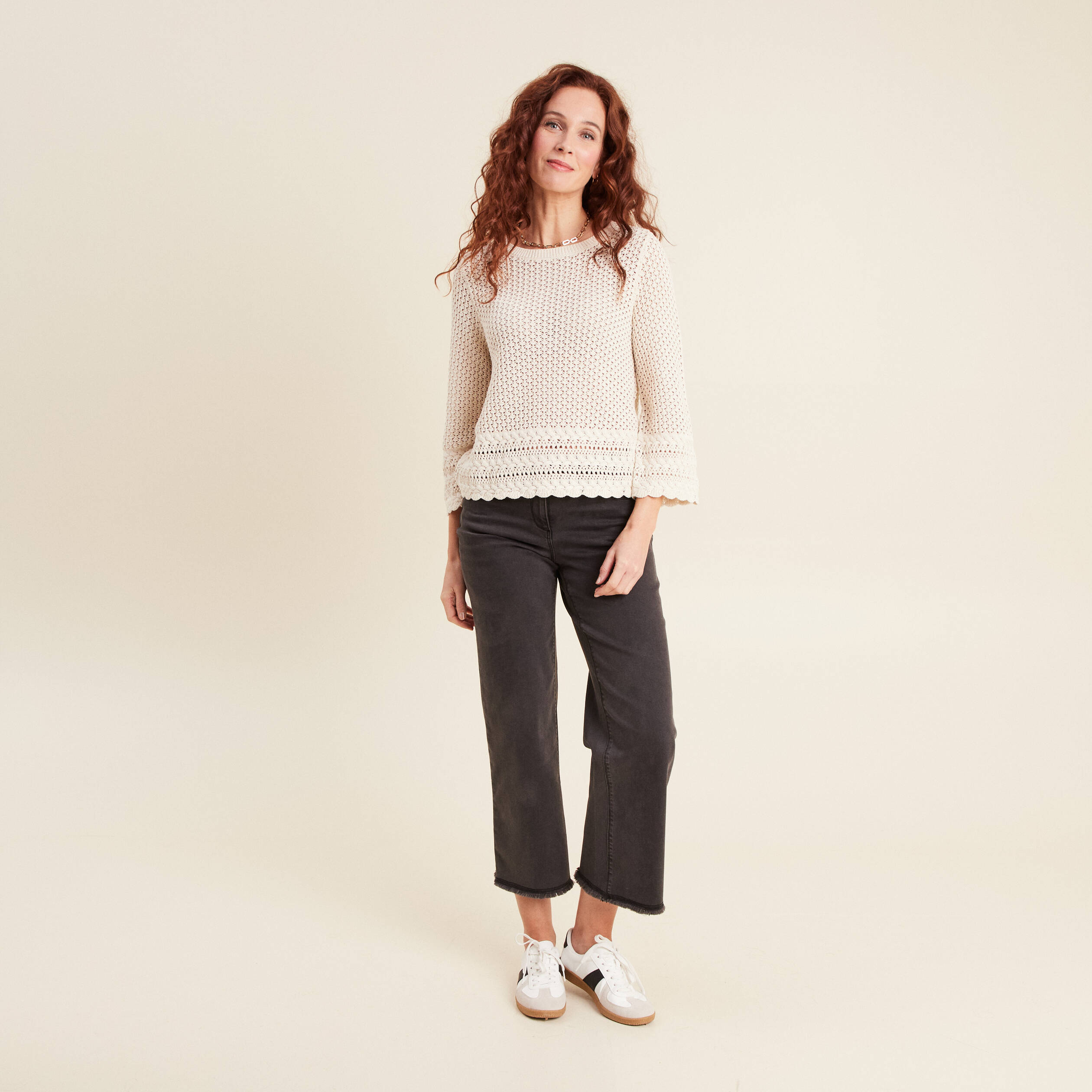 pull manches 34 ajoure ecru femme Pull manches 3/4 ajouré ecru femme
