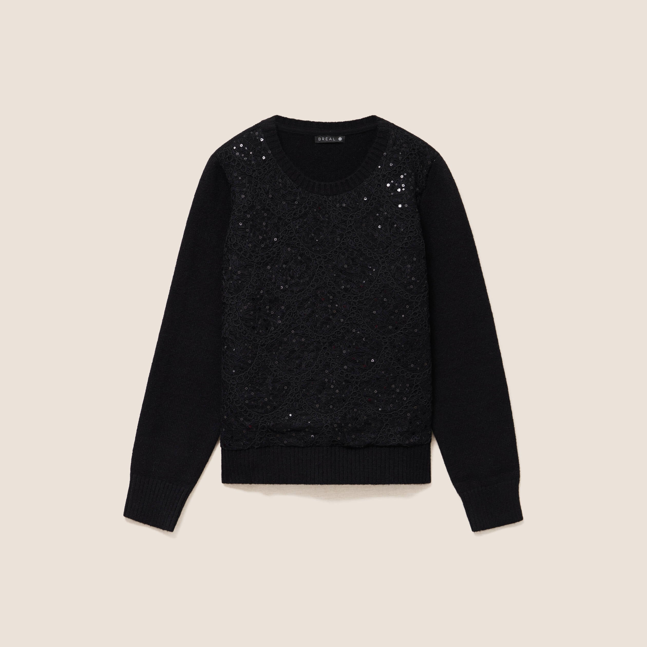 Pull col rond &agrave; strass noir femme