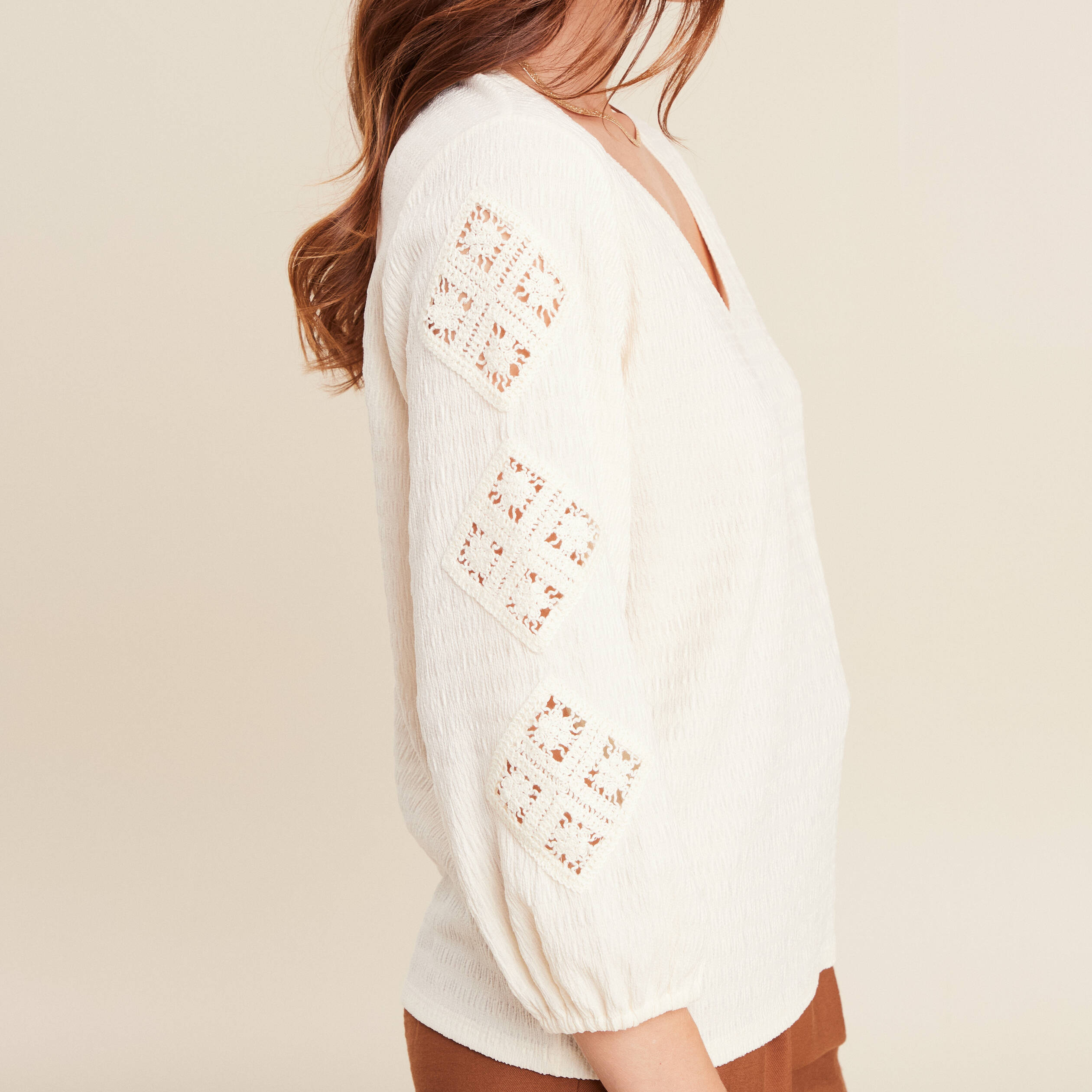 blouse macramé col V manches 3/4 ecru femme