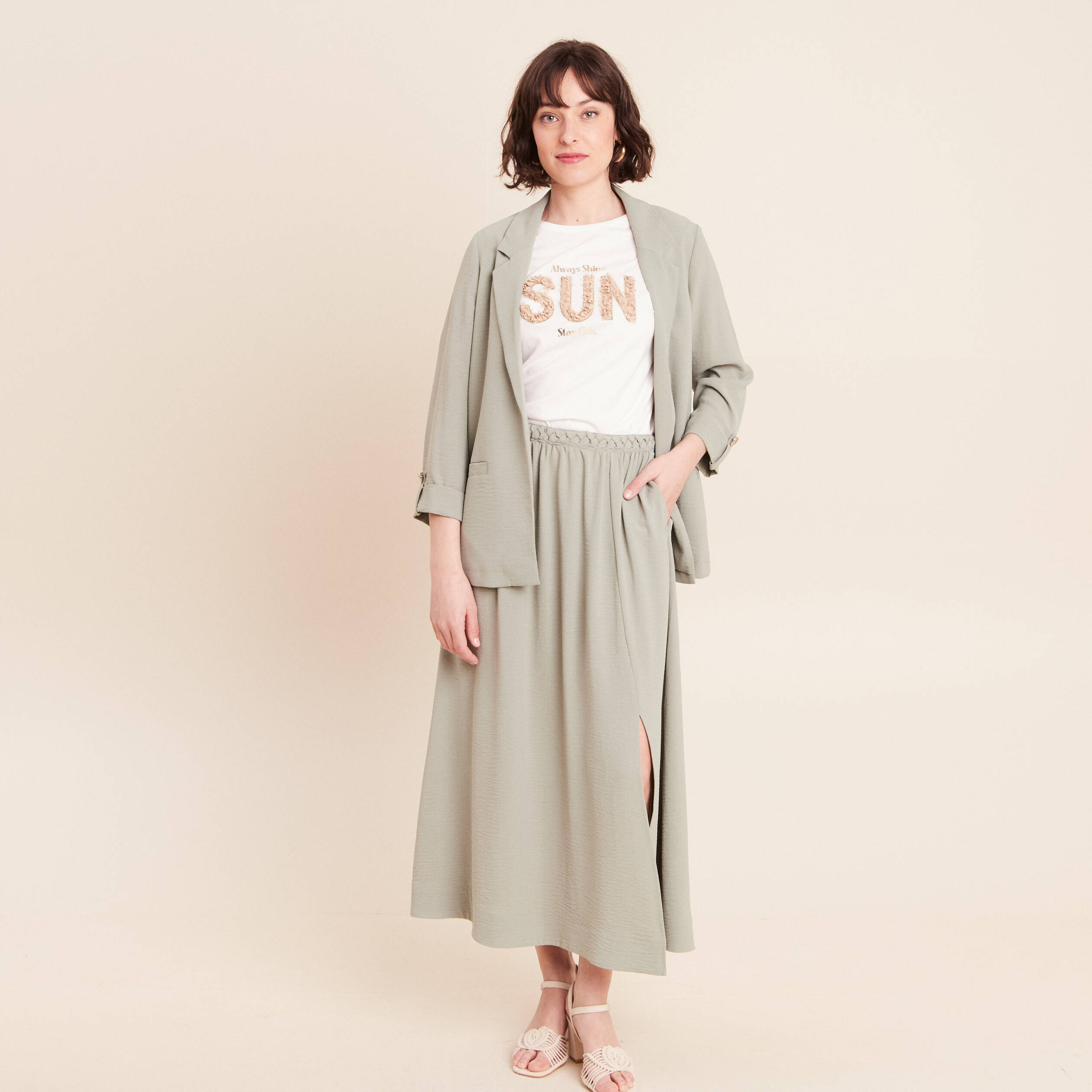 T-shirt col rond manches courtes ecru femme