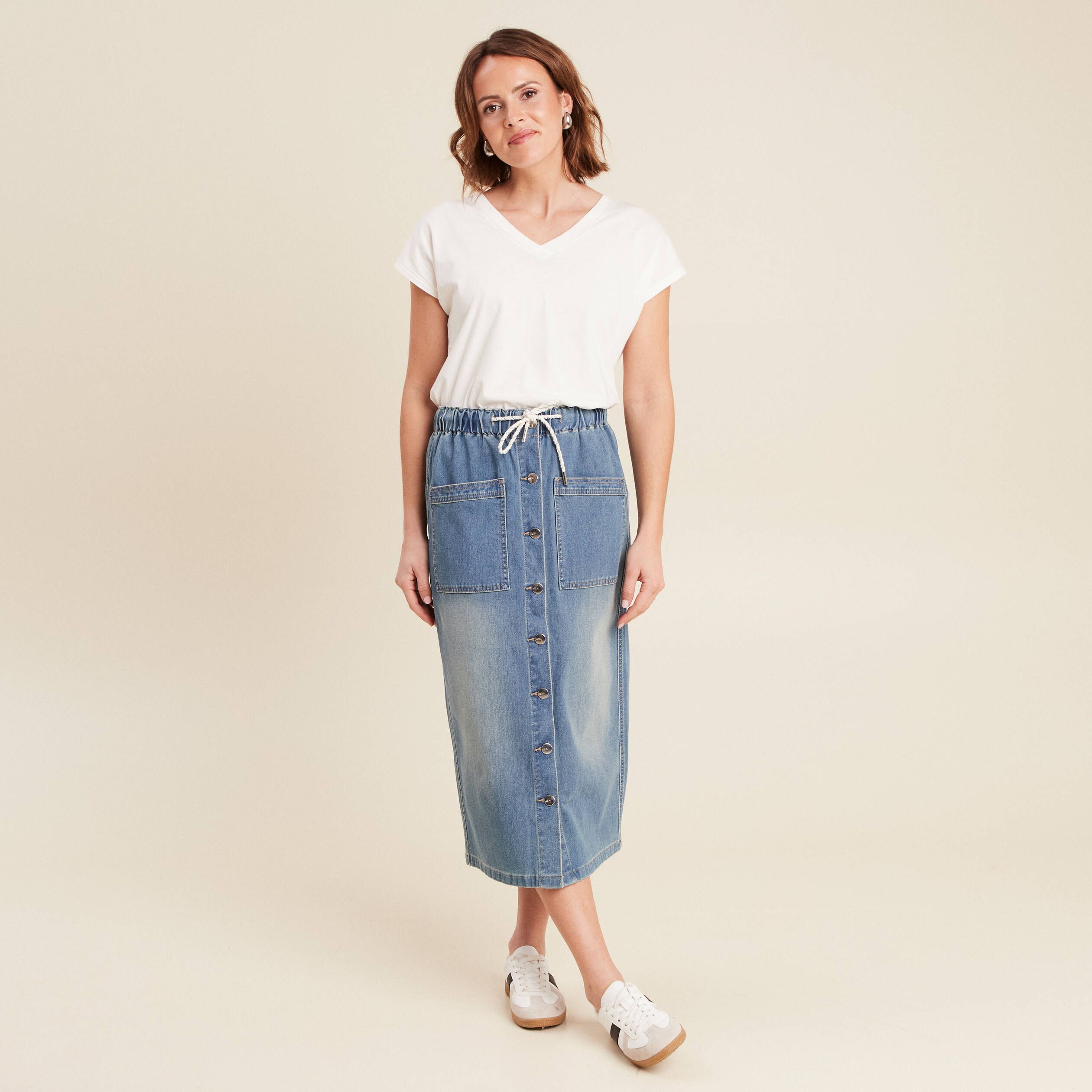 Jupe longue droite en jean denim double stone femme