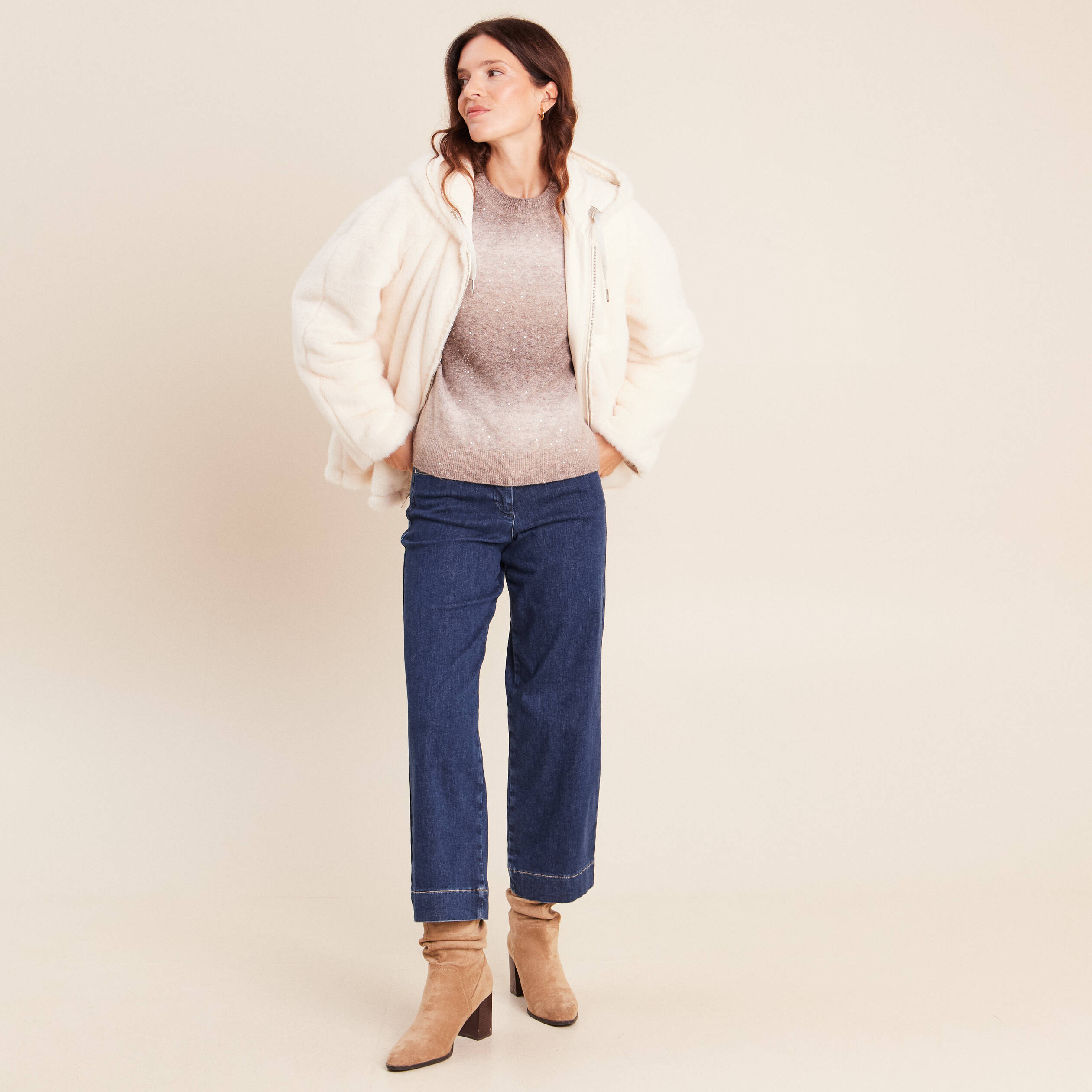 Pull col rond &agrave; sequins taupe femme