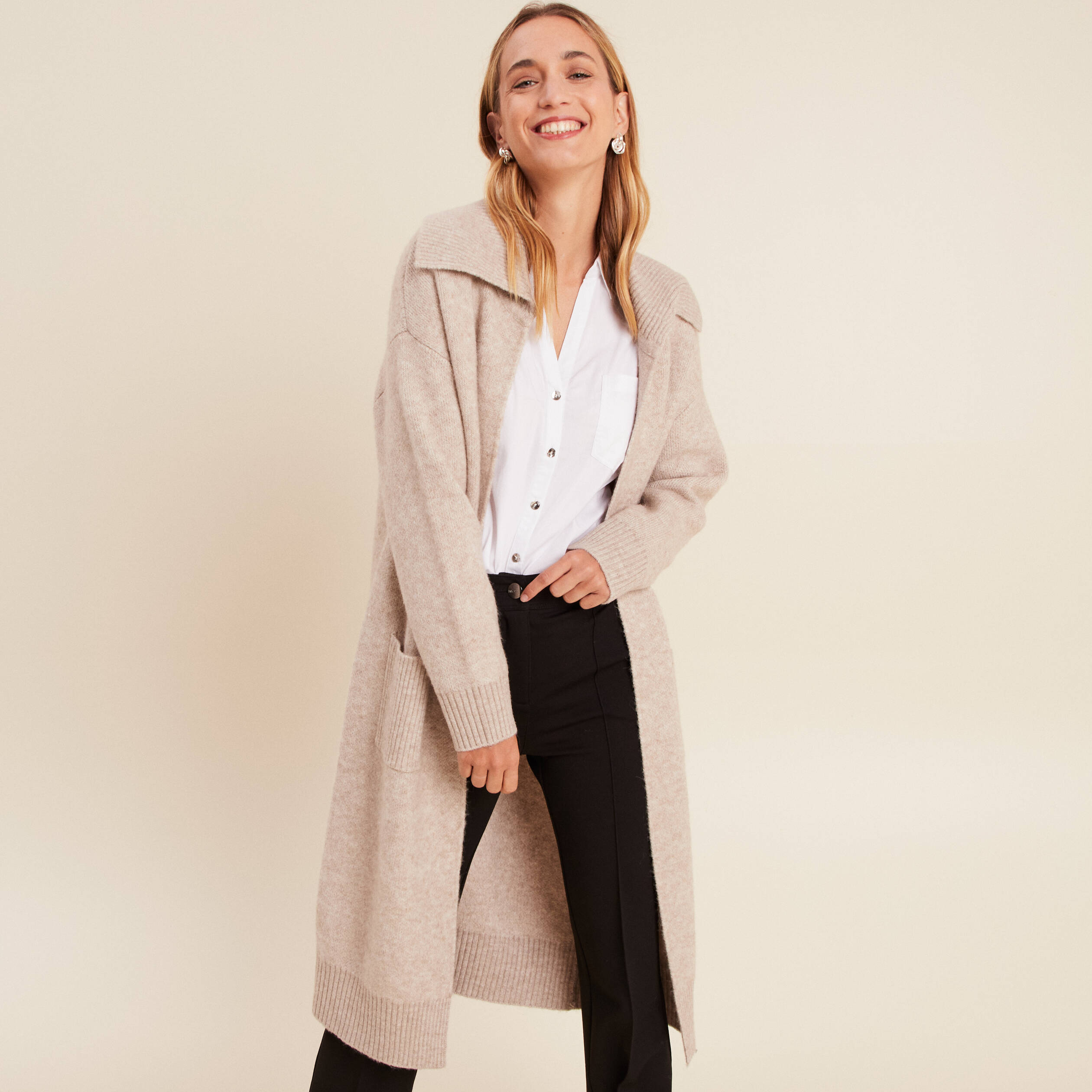 Gilet manches longues avec poches creme femme