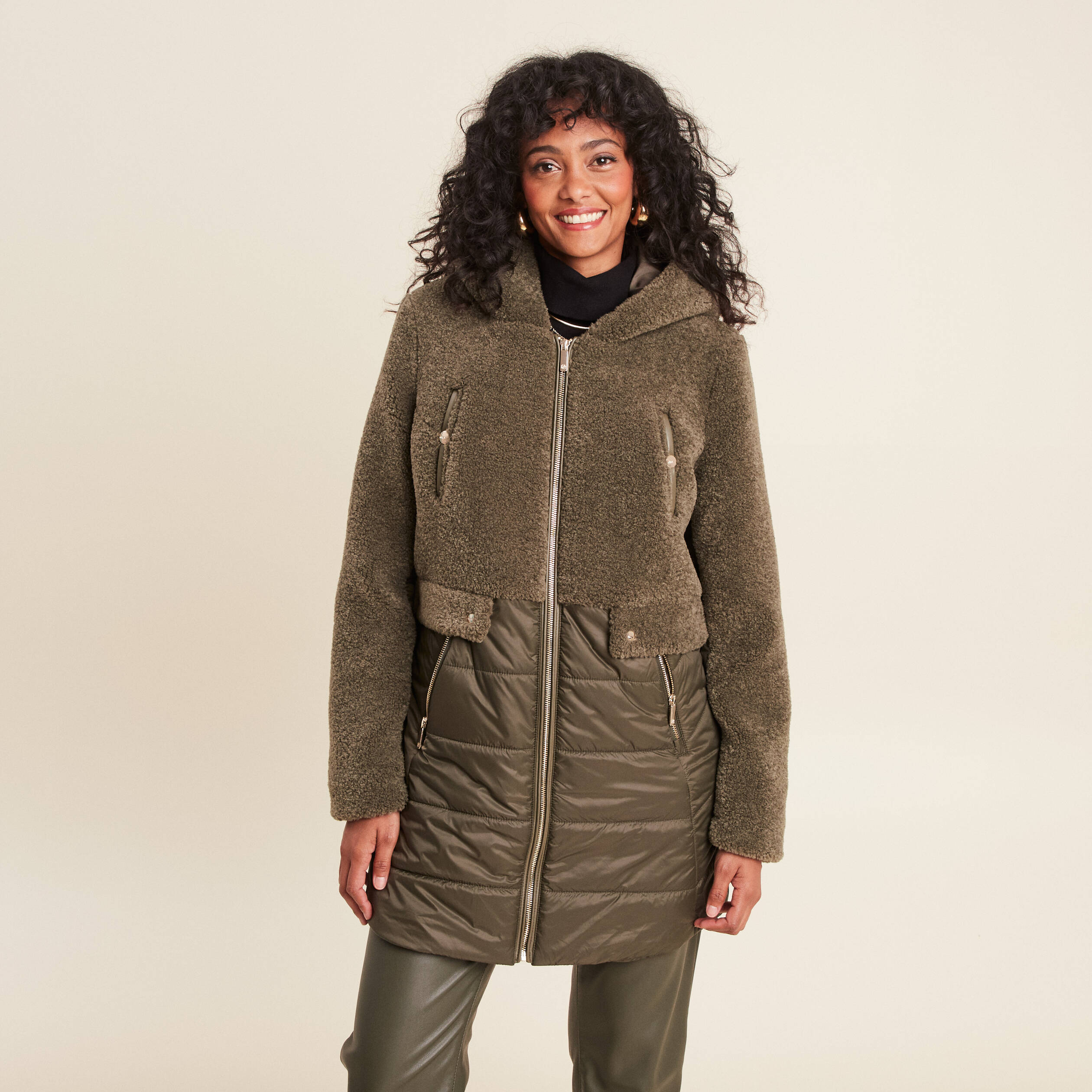 Manteau mi-long ?� capuche vert kaki femme | Vibs