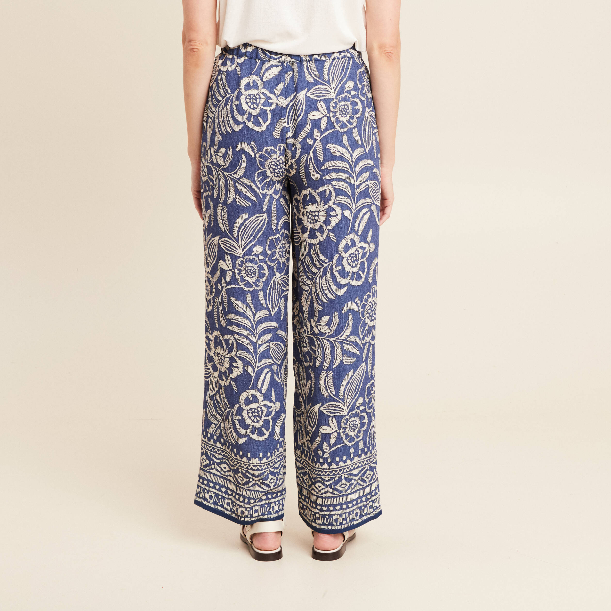 Pantalon large taille haute bleu femme