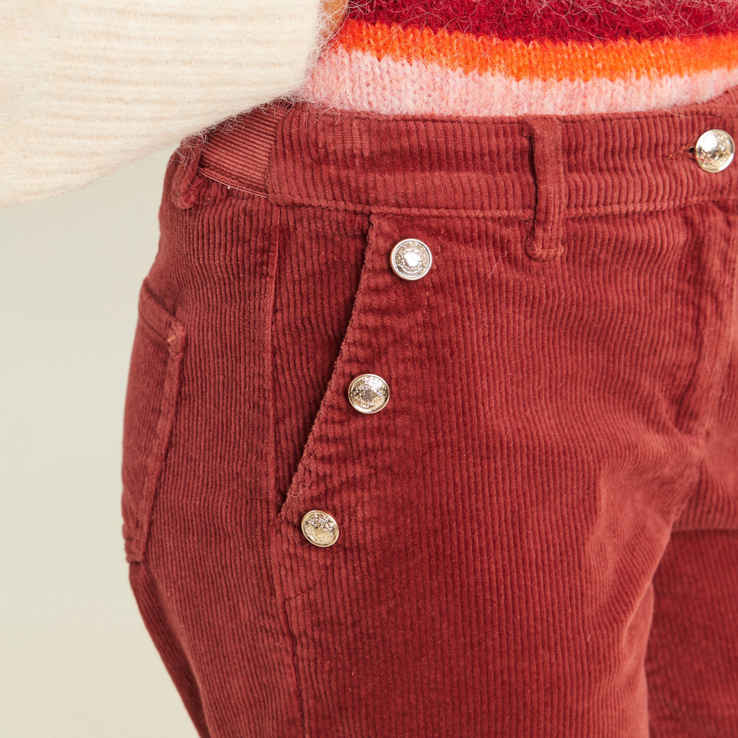 Pantalon large velours c&ocirc;tel&eacute; orange fonc&eacute; femme