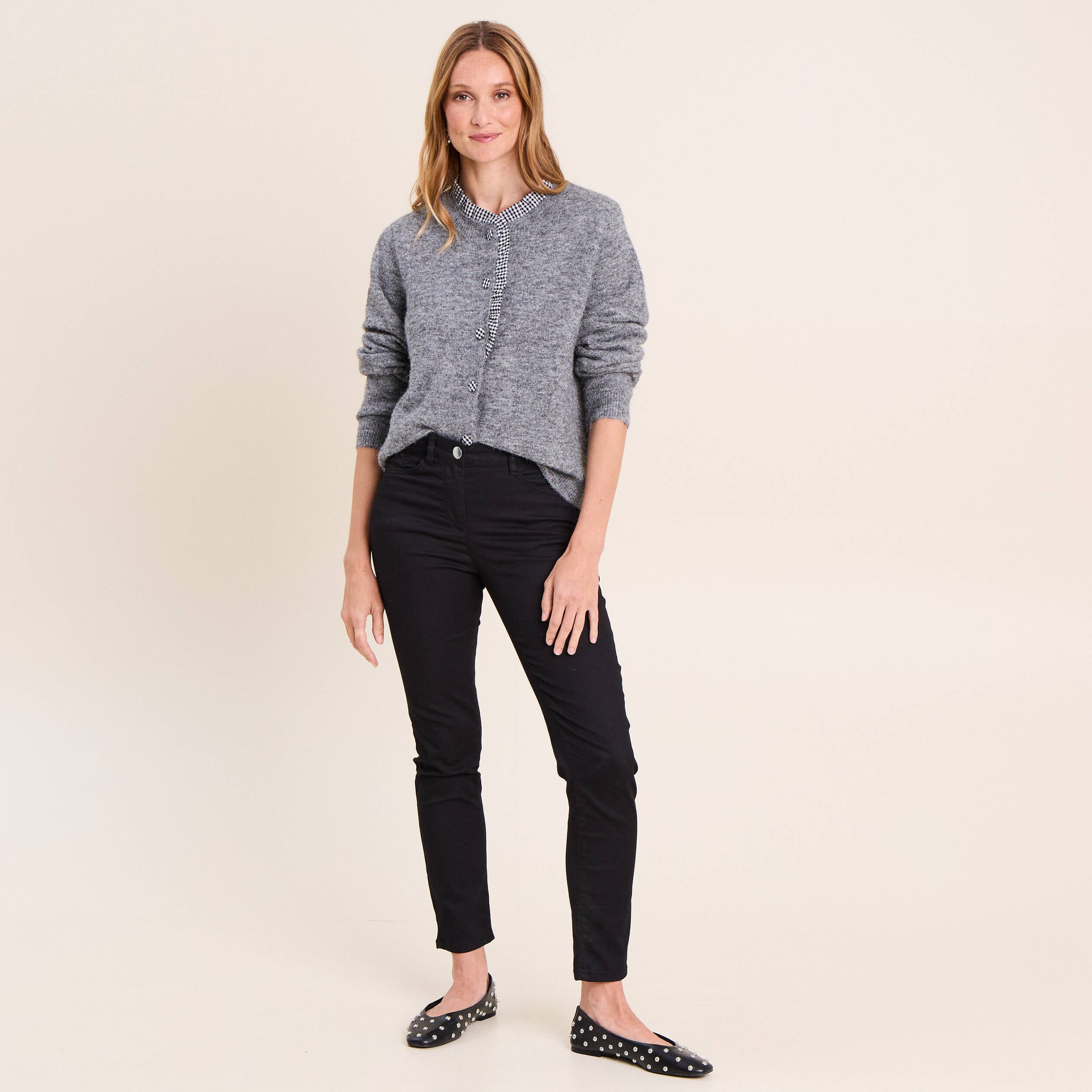 Gilet avec d&eacute;tails au col gris fonc&eacute; femme