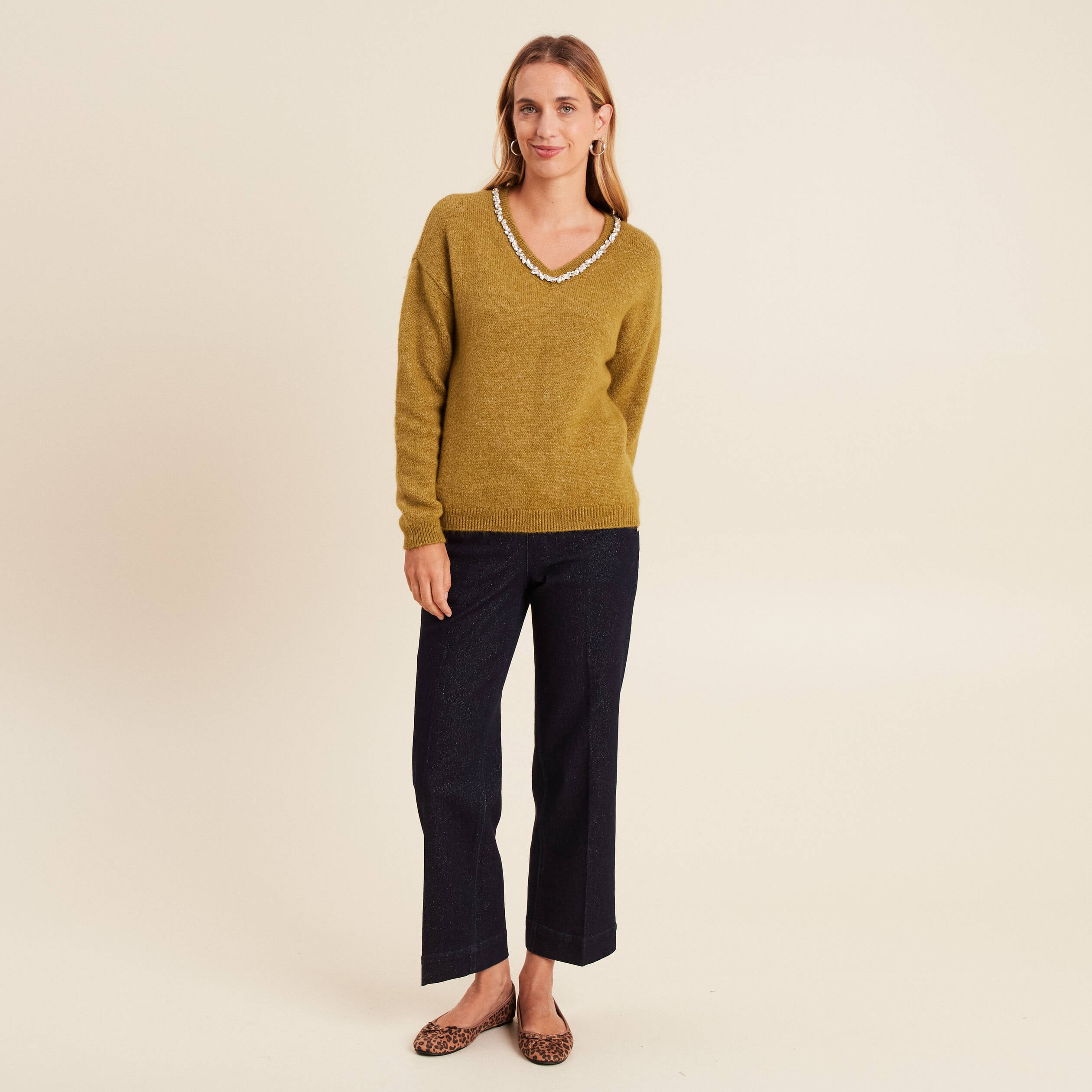 Jean large taille haute &agrave; paillettes denim brut femme