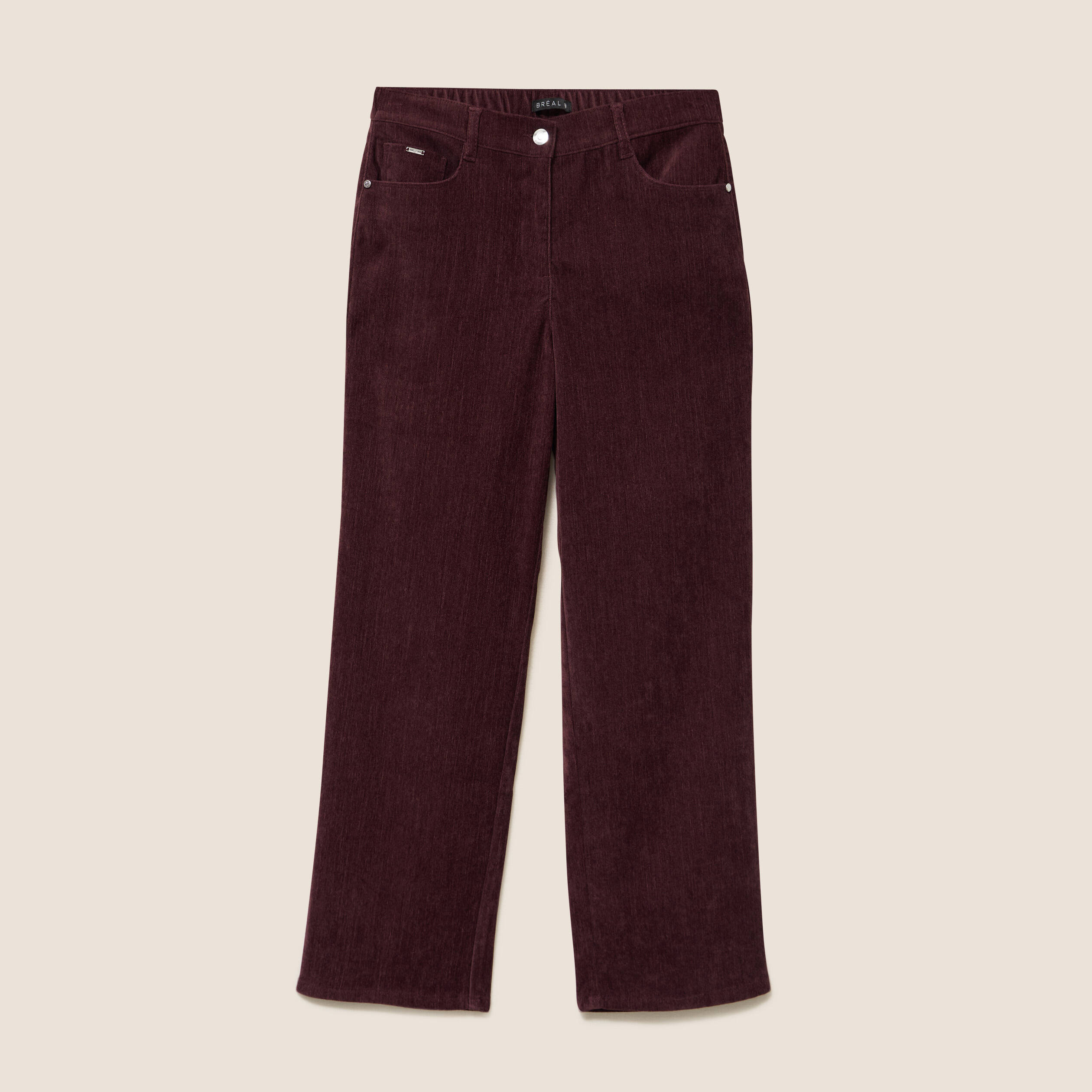 Jean taille haute en velours bordeaux femme